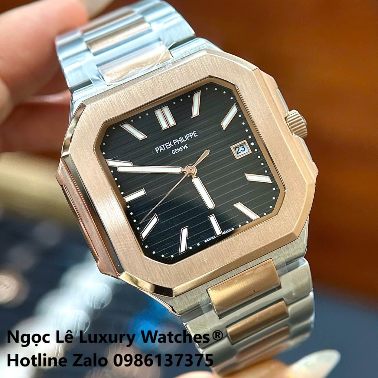 Đồng Hồ Nam Patek Philippe Cubitus Automatic Dây Demi Vàng Hồng Mặt Đen Size 40mm