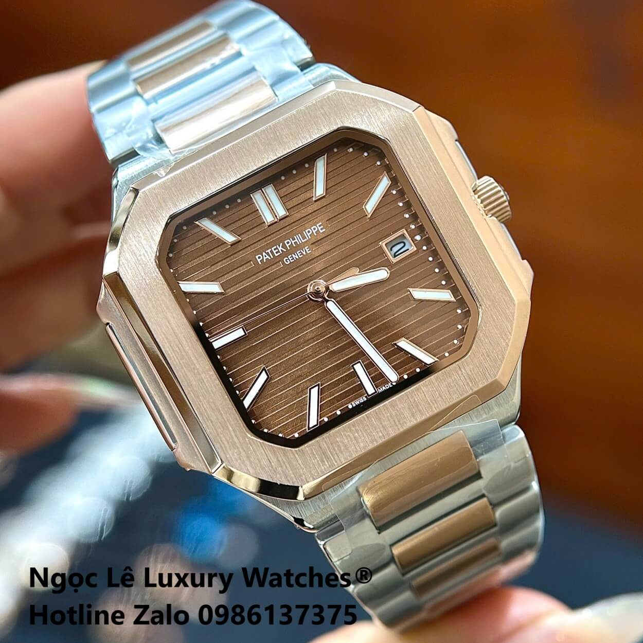 Đồng Hồ Nam Patek Philippe Cubitus Automatic Dây Demi Vàng Hồng Mặt Nâu Size 40mm