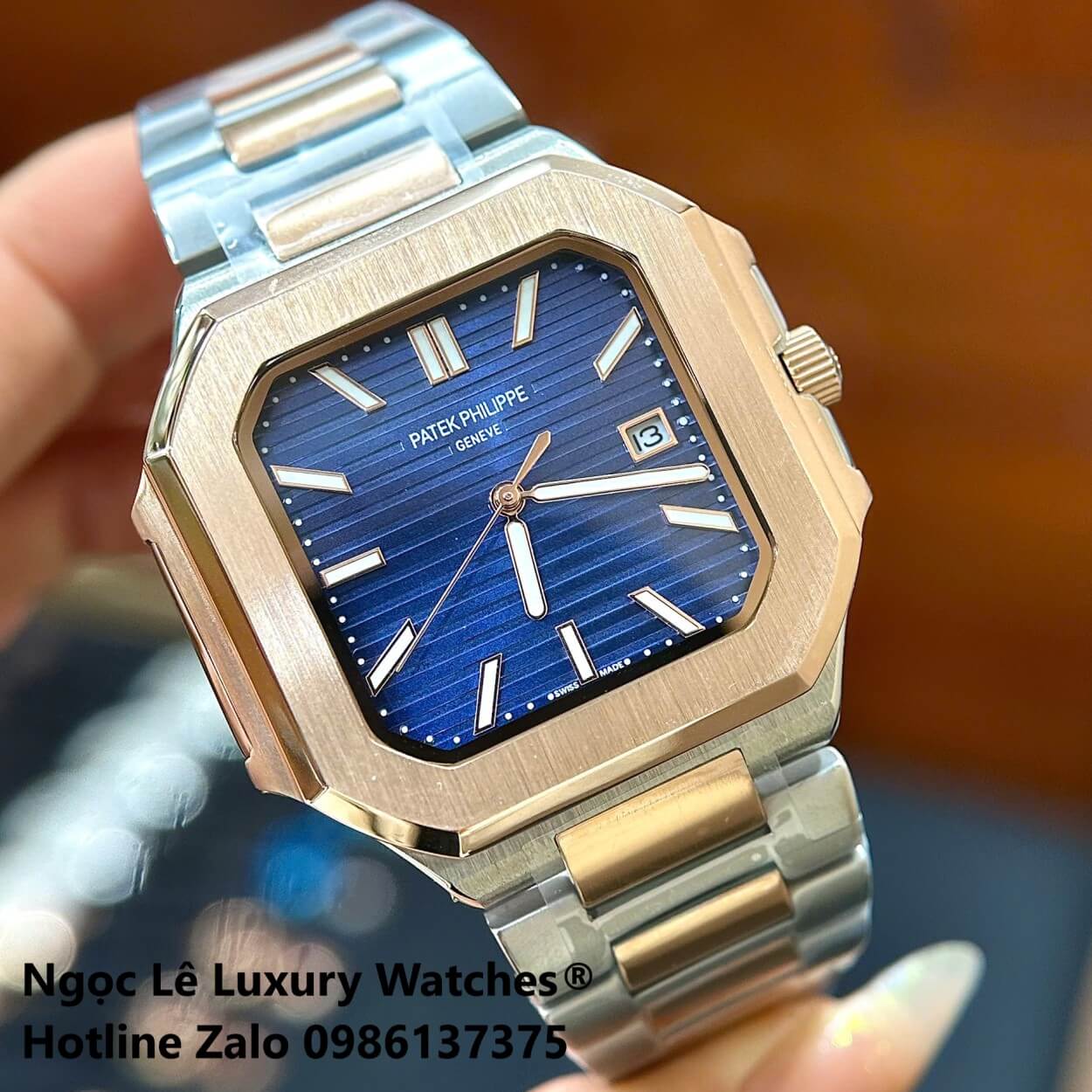 Đồng Hồ Nam Patek Philippe Cubitus Automatic Dây Demi Vàng Hồng Mặt Xanh Dương Size 40mm