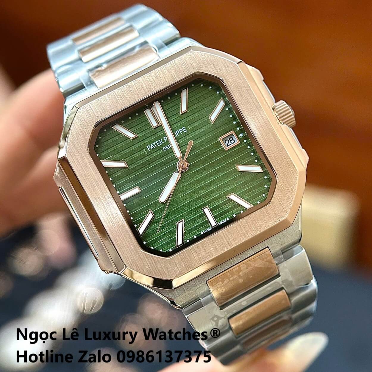 Đồng Hồ Nam Patek Philippe Cubitus Automatic Dây Demi Vàng Hồng Mặt Xanh Lá Size 40mm