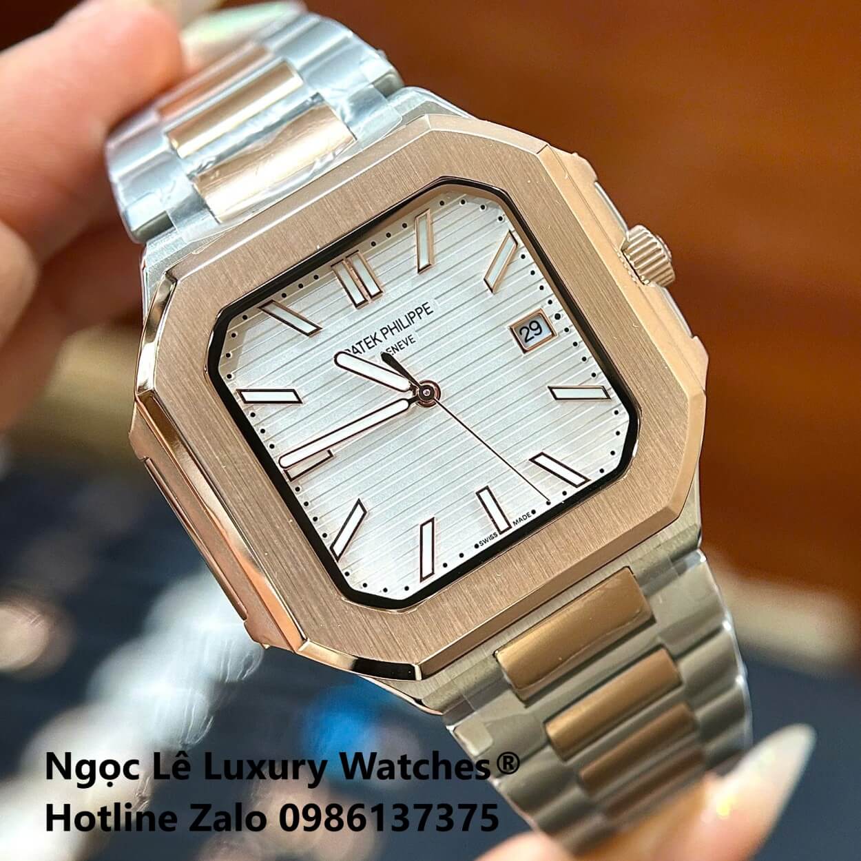 Đồng Hồ Nam Patek Philippe Cubitus Automatic Dây Demi Vàng Hồng Mặt Trắng Size 40mm