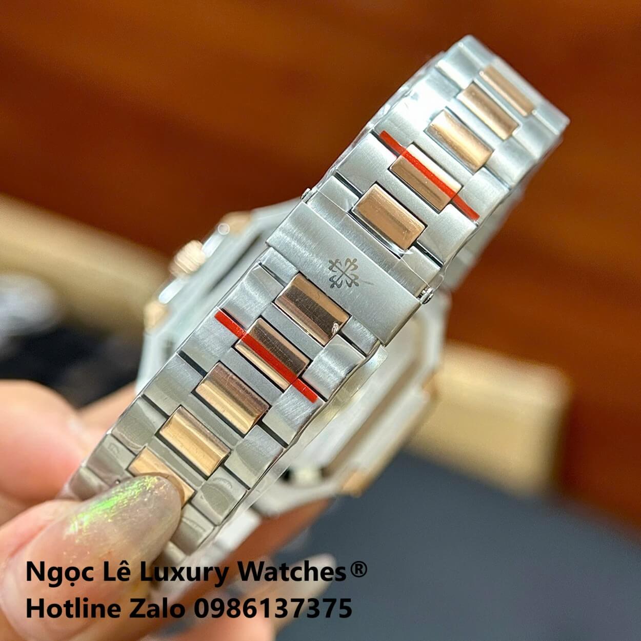 Đồng Hồ Nam Patek Philippe Cubitus Automatic Dây Demi Vàng Hồng Mặt Xanh Dương Size 40mm