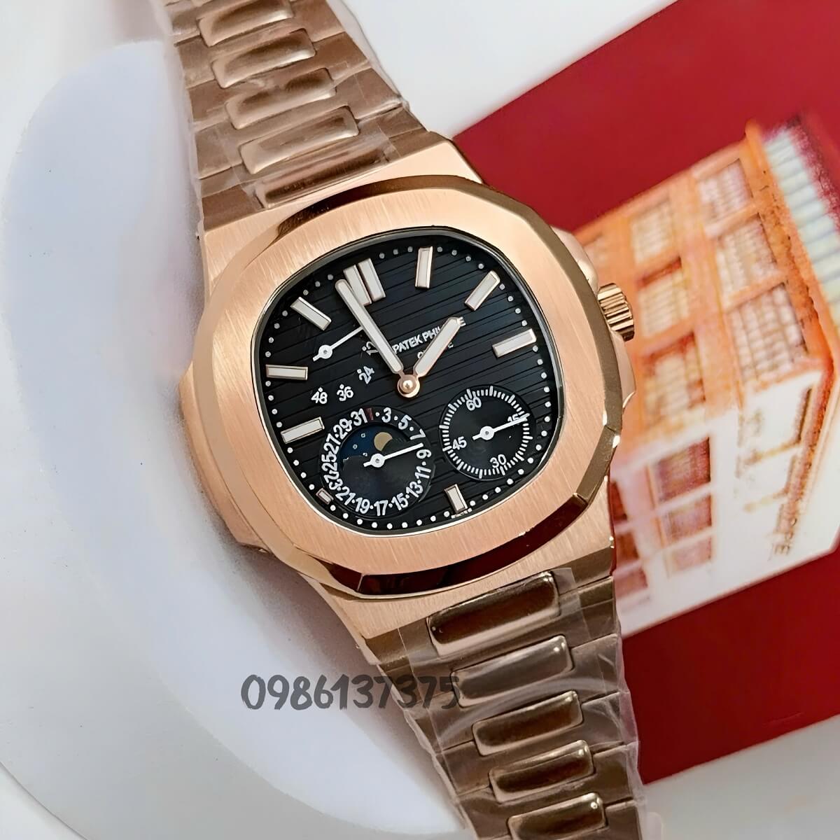 Đồng Hồ Nam Patek Philippe Nautilus 5712 Máy Tự Động Mặt Đen Dây Kim Loại Vàng Hồng Size 40mm