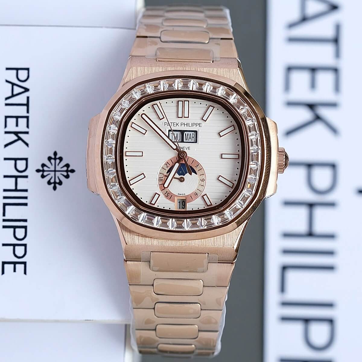 Đồng Hồ Nam Patek Philippe Nautilus 5726 Đính Đá Máy Tự Động Dây Rose Mặt Trắng Size 40mm
