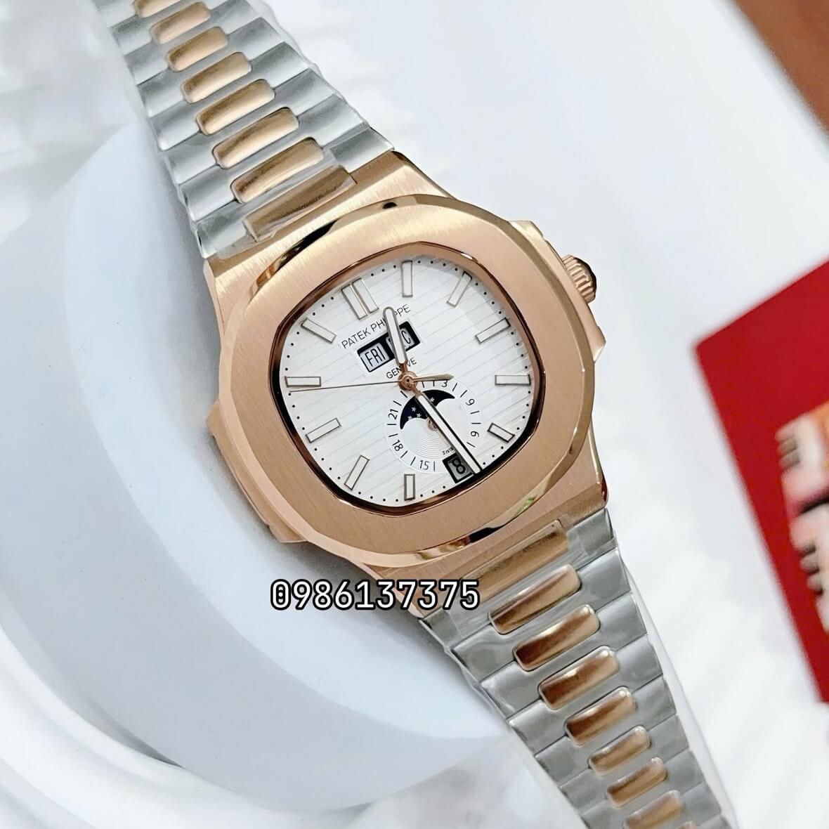 Đồng Hồ Nam Patek Philippe Nautilus 5726 Tự Động Mặt Trắng Kim Loại Demi Vàng Hồng Size 40mm