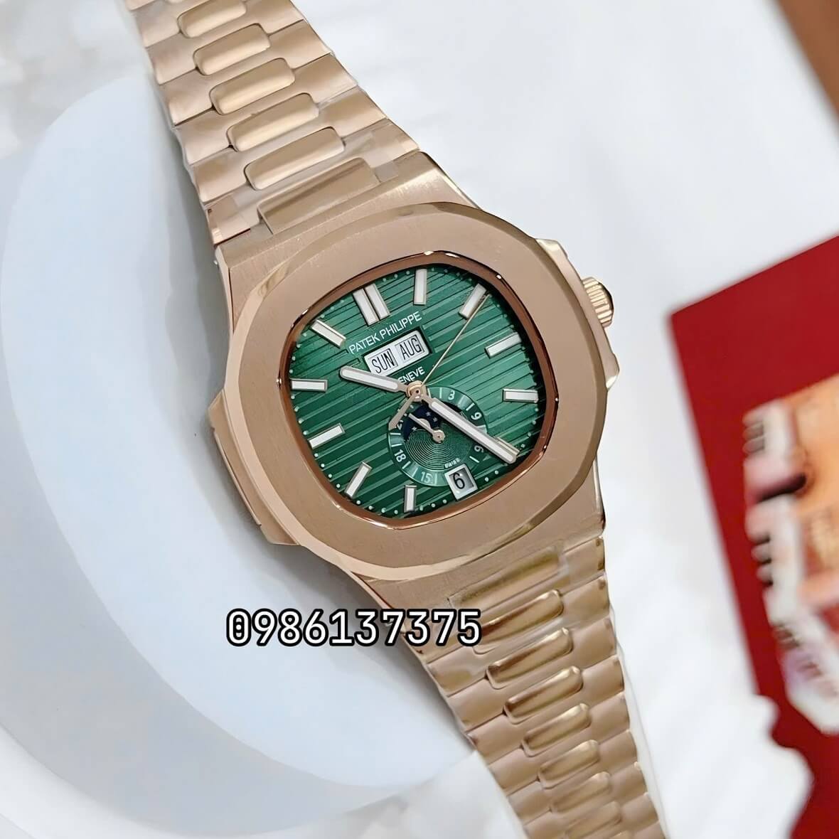 Đồng Hồ Nam Patek Philippe Nautilus 5726 Tự Động Mặt Xanh Lá Kim Loại Vàng Hồng Size 40mm