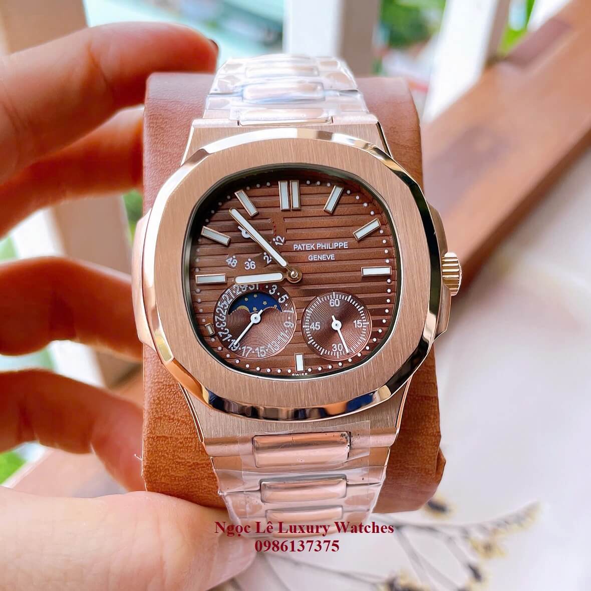 Đồng Hồ Nam Patek Philippe Nautilus Máy Tự Động Mặt Nâu Dây Kim Loại Vàng Hồng Size 40mm