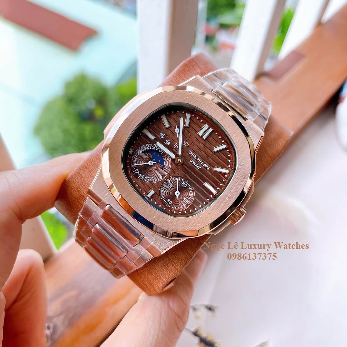 Đồng Hồ Nam Patek Philippe Nautilus Máy Tự Động Mặt Nâu Dây Kim Loại Vàng Hồng Size 40mm