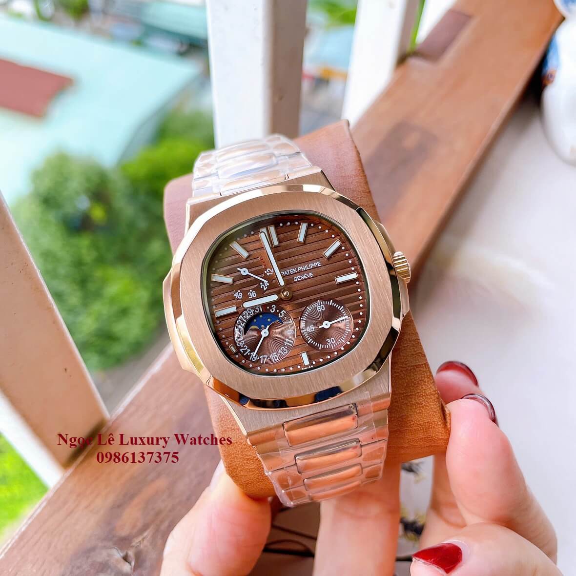 Đồng Hồ Nam Patek Philippe Nautilus Máy Tự Động Mặt Nâu Dây Kim Loại Vàng Hồng Size 40mm