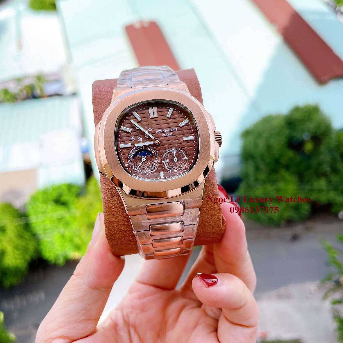 Đồng Hồ Nam Patek Philippe Nautilus Máy Tự Động Mặt Nâu Dây Kim Loại Vàng Hồng Size 40mm