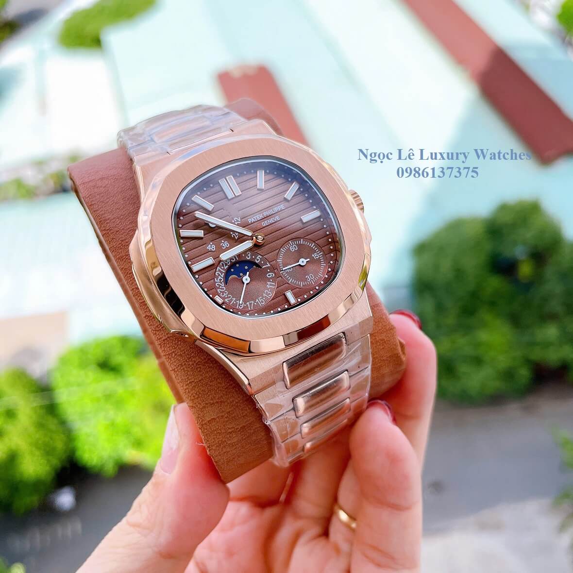 Đồng Hồ Nam Patek Philippe Nautilus Máy Tự Động Mặt Nâu Dây Kim Loại Vàng Hồng Size 40mm