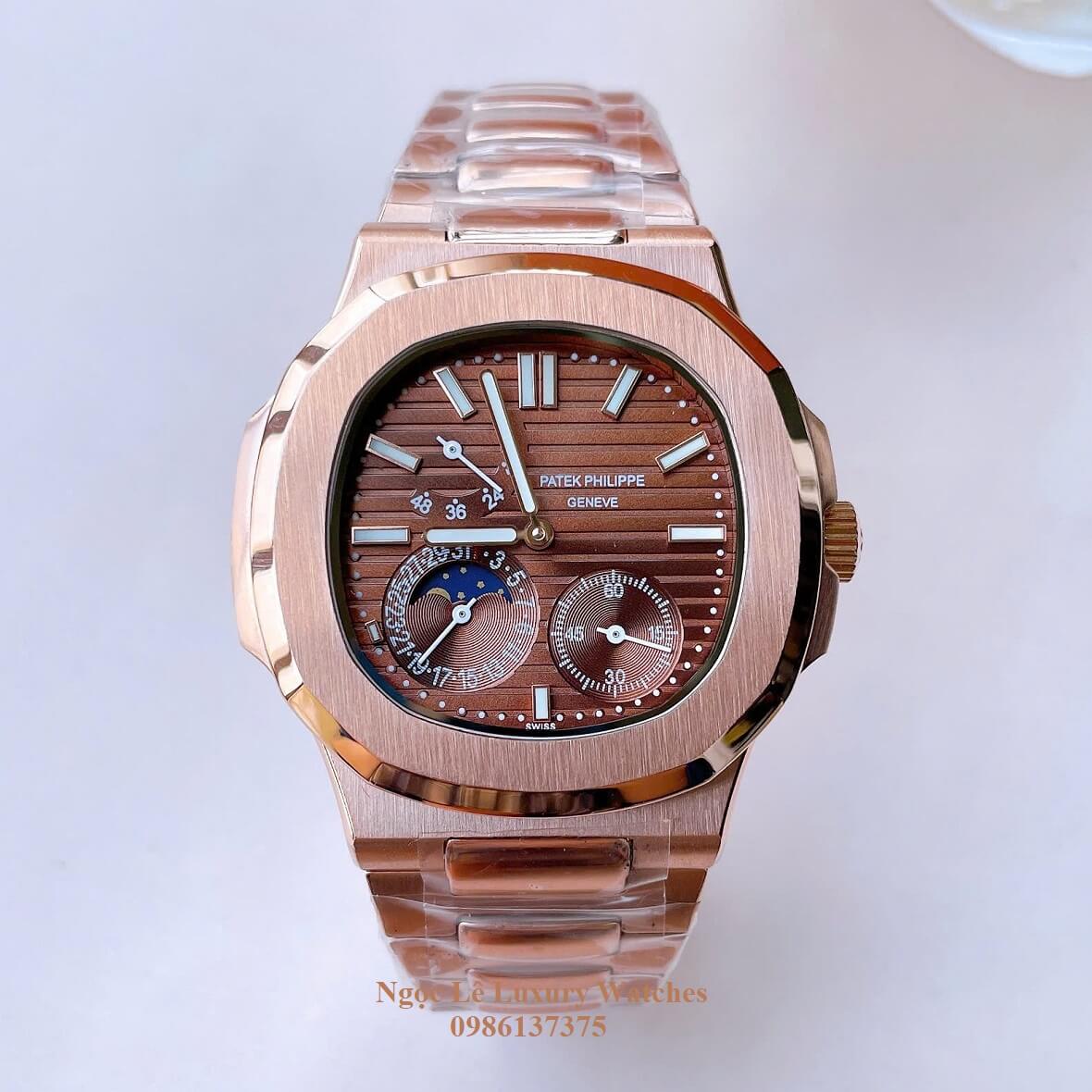 Đồng Hồ Nam Patek Philippe Nautilus 5712 Máy Tự Động Mặt Nâu Dây Kim Loại Vàng Hồng Size 40mm