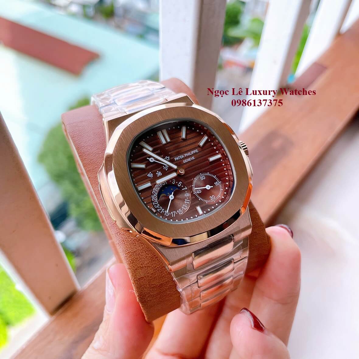 Đồng Hồ Nam Patek Philippe Nautilus Máy Tự Động Mặt Nâu Dây Kim Loại Vàng Hồng Size 40mm
