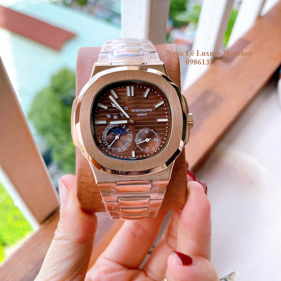 Đồng Hồ Nam Patek Philippe Nautilus Máy Tự Động Mặt Nâu Dây Kim Loại Vàng Hồng Size 40mm