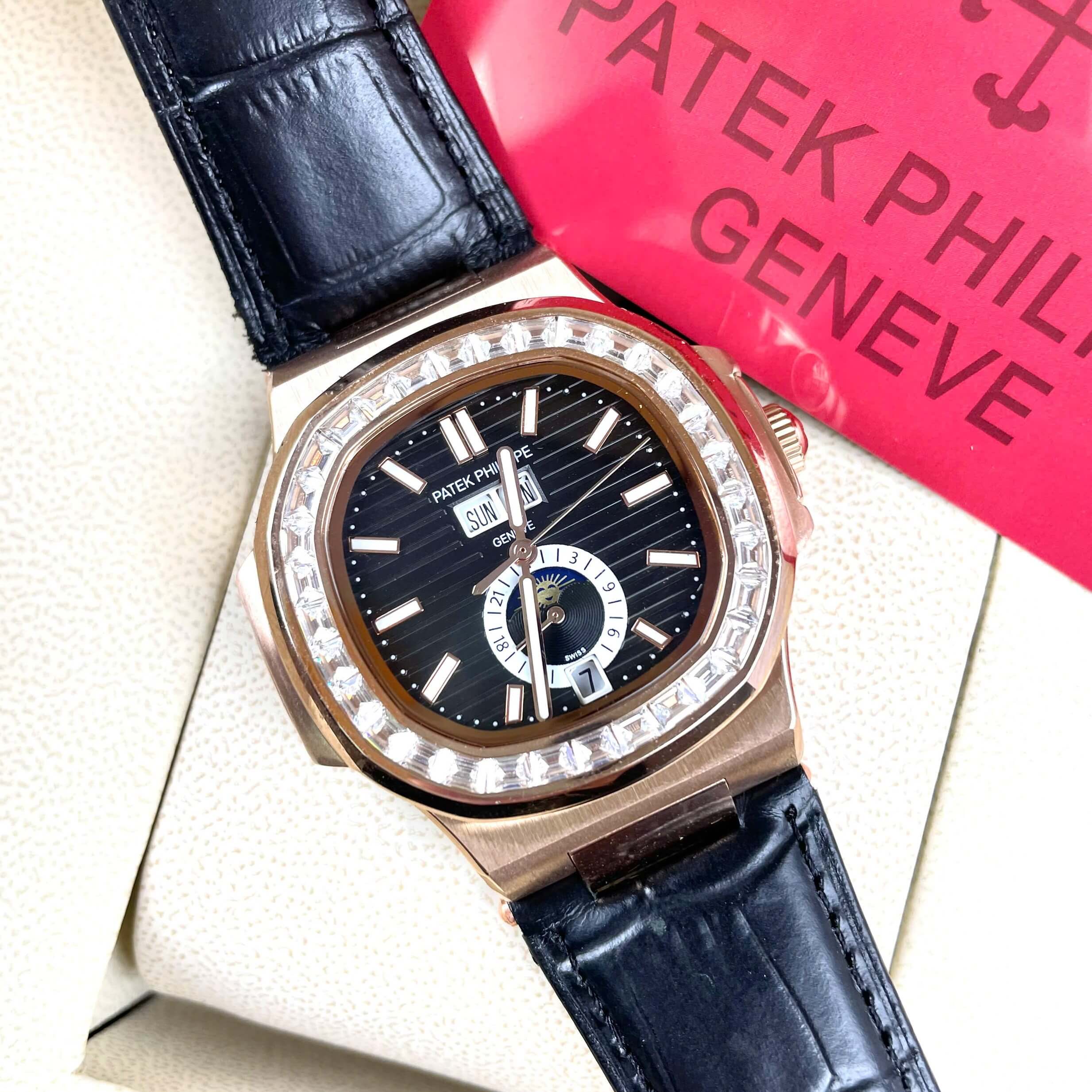 Đồng Hồ Nam Patek Philippe Nautilus Tự Động Dây Da Đen Mặt Đen Đính Đá Rose Size 40mm
