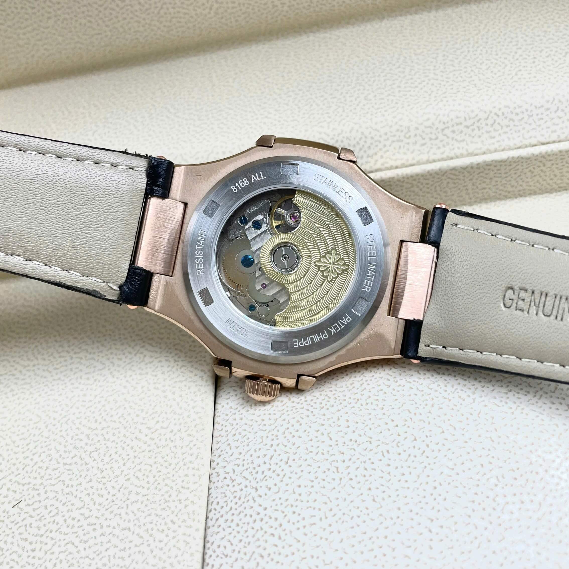 Đồng Hồ Nam Patek Philippe Nautilus Tự Động Dây Da Đen Mặt Đen Đính Đá Rose Size 40mm