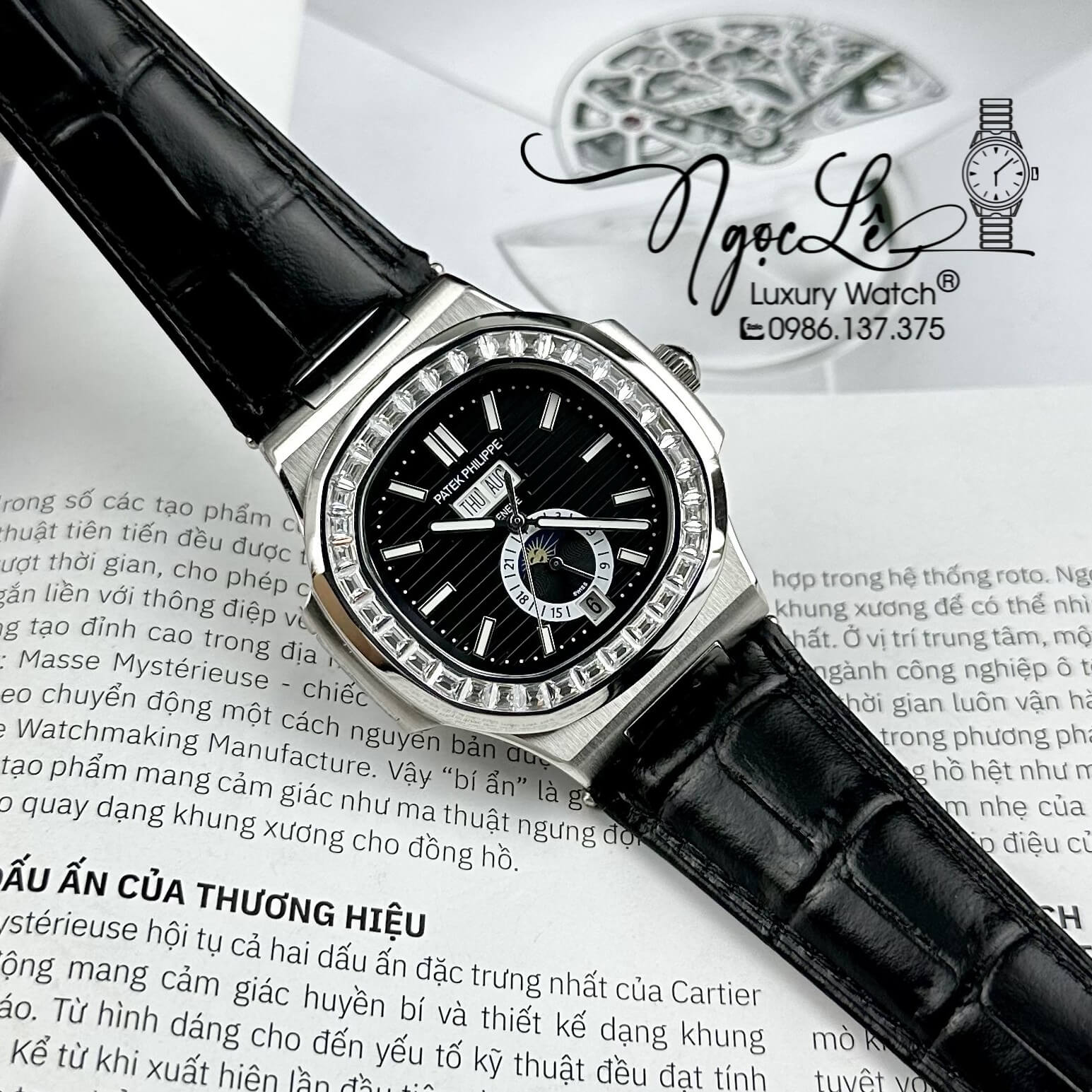 Đồng Hồ Nam Patek Philippe Nautilus Tự Động Dây Da Đen Mặt Đen Đính Đá Silver Size 40mm