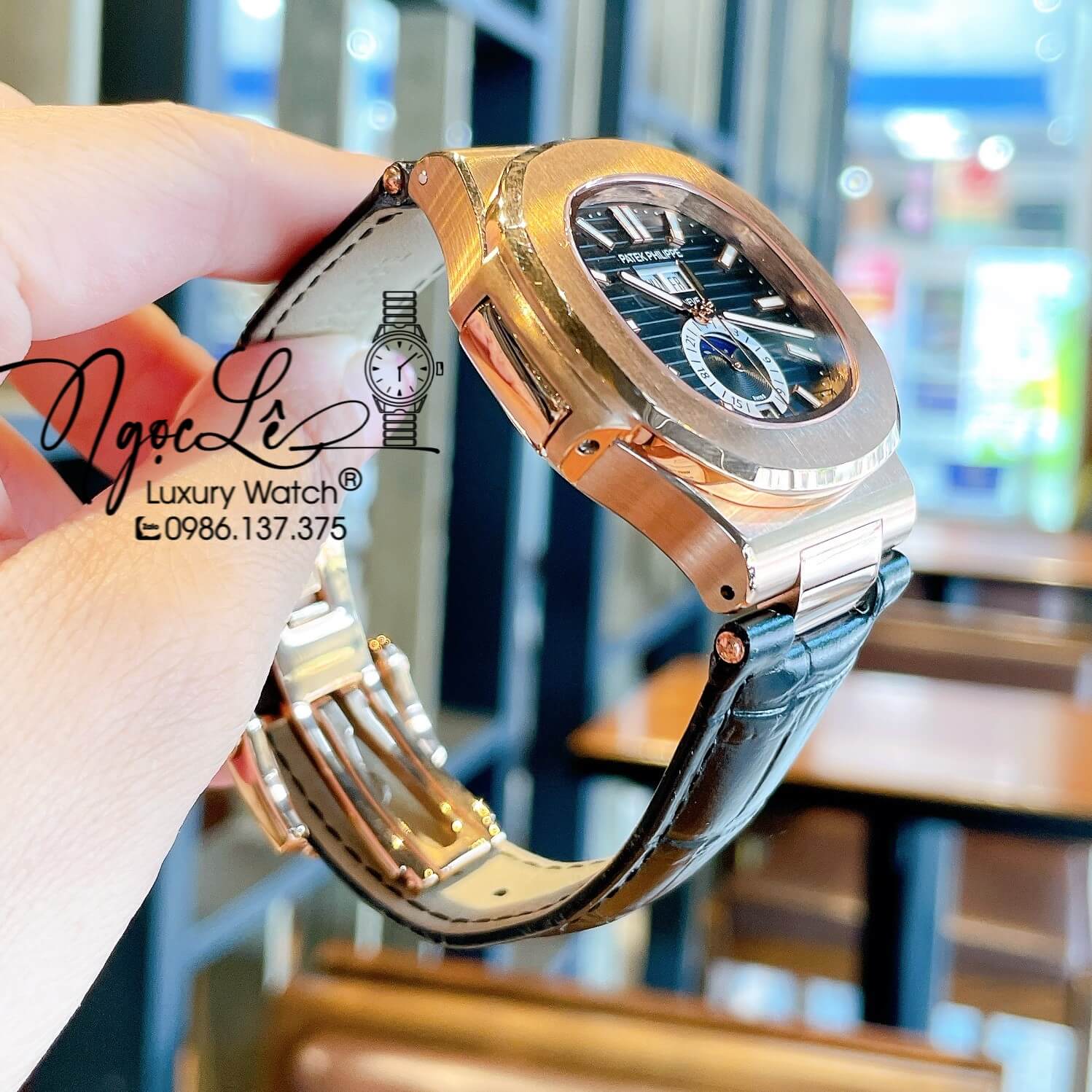 Đồng Hồ Nam Patek Philippe Nautilus Tự Động Dây Da Đen Mặt Đen Size 40mm