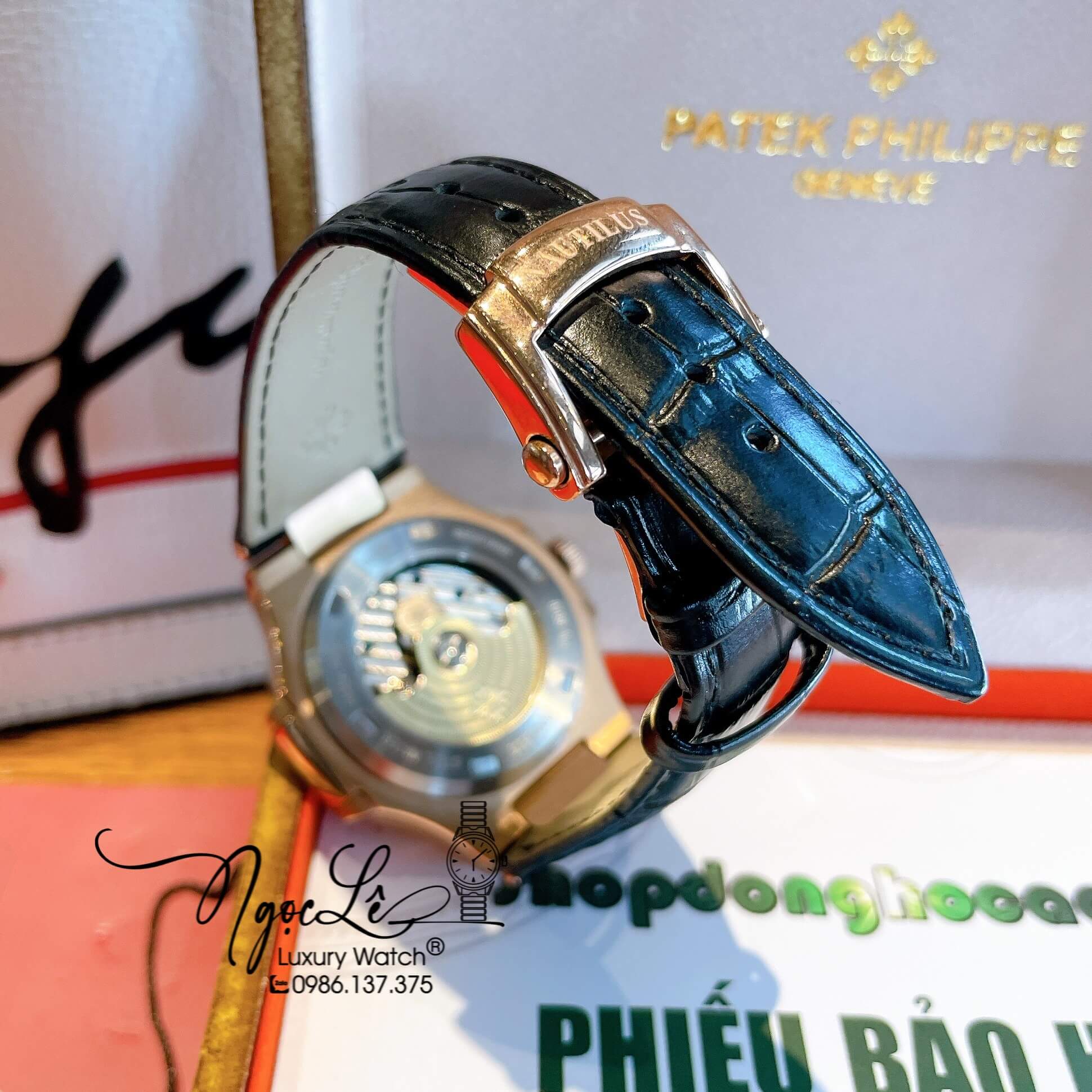 Đồng Hồ Nam Patek Philippe Nautilus Tự Động Dây Da Đen Mặt Đen Size 40mm