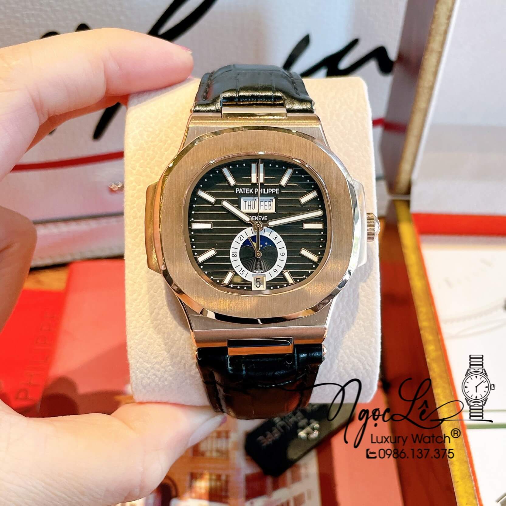 Đồng Hồ Nam Patek Philippe Nautilus Tự Động Dây Da Đen Mặt Đen Size 40mm