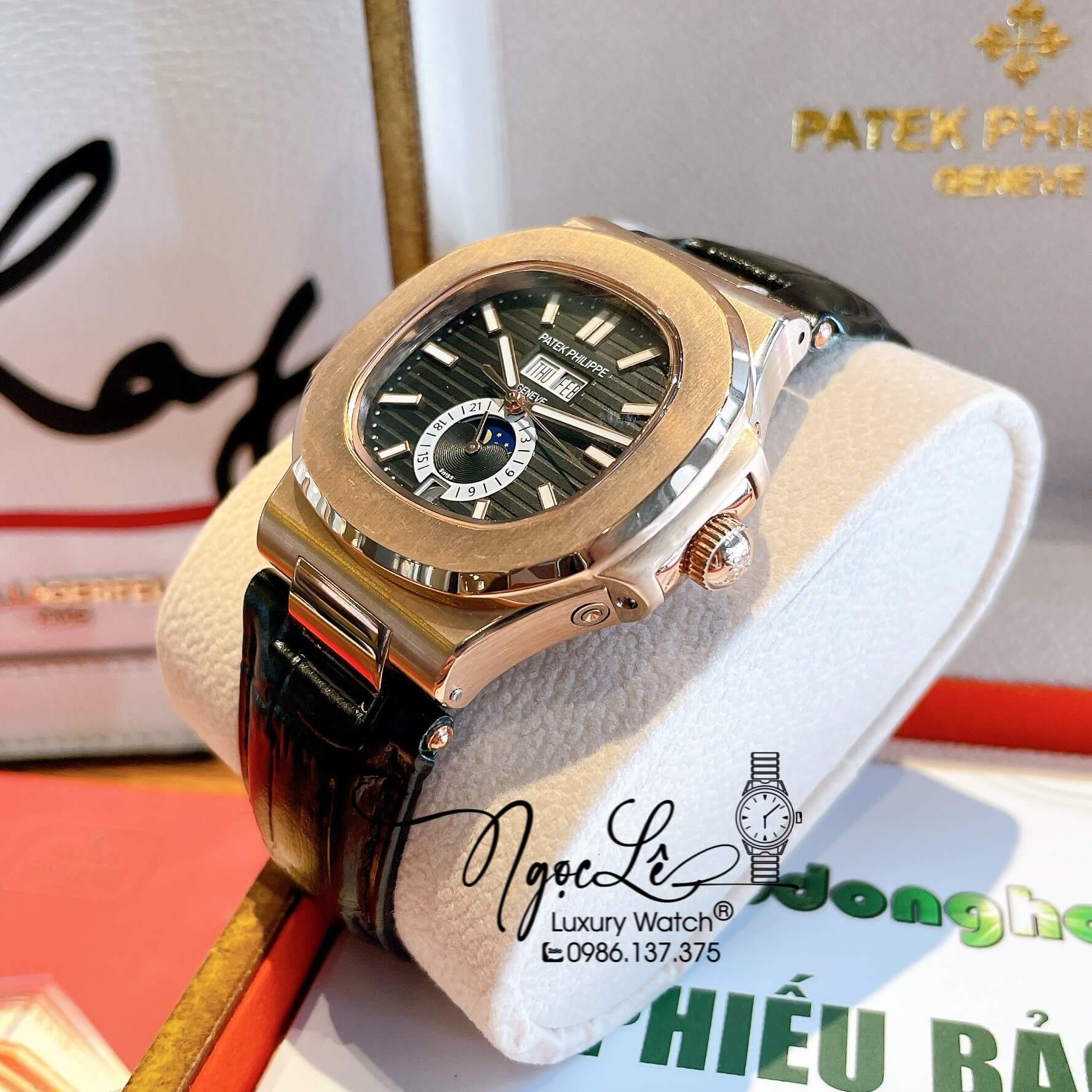 Đồng Hồ Nam Patek Philippe Nautilus Tự Động Dây Da Đen Mặt Đen Size 40mm