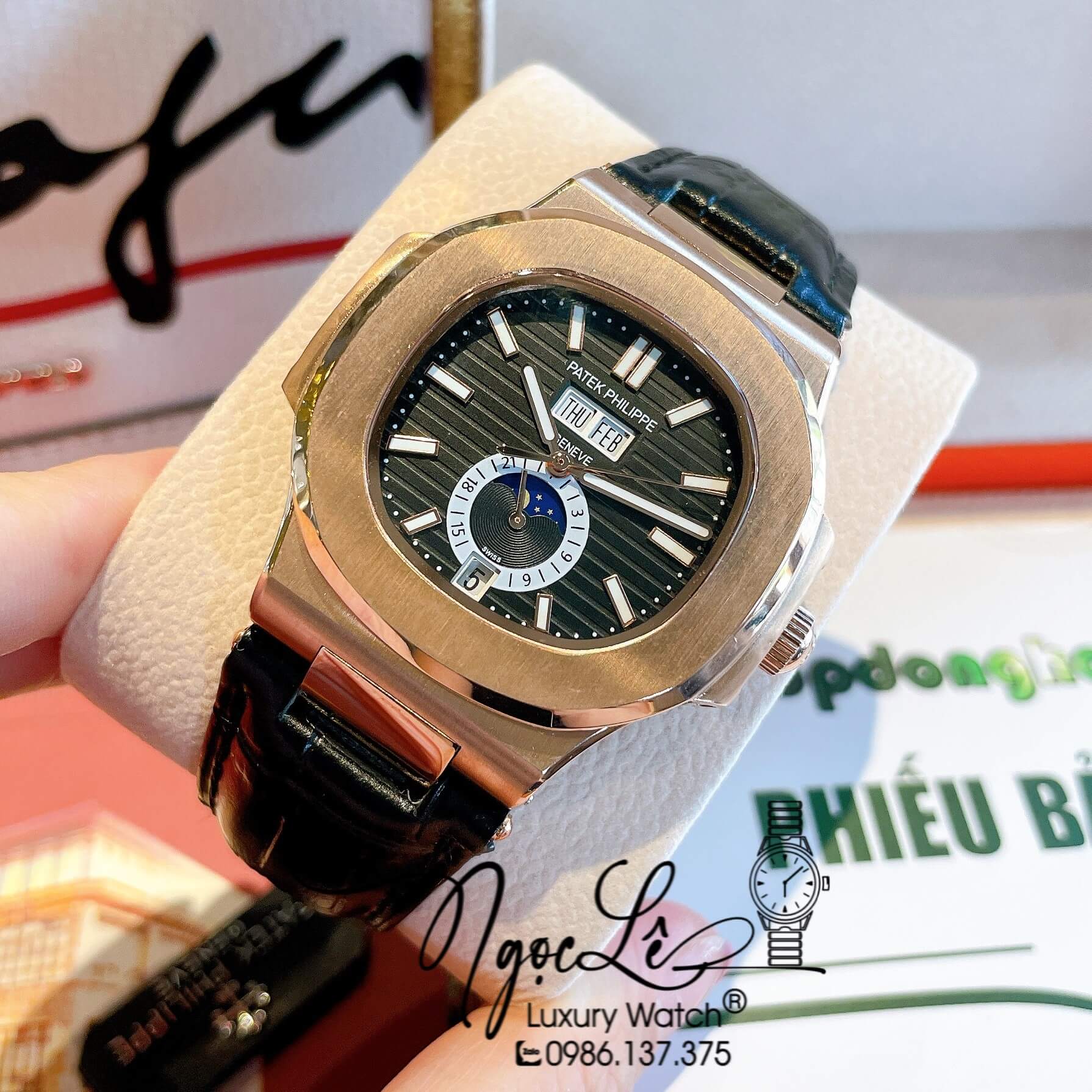 Đồng Hồ Nam Patek Philippe Nautilus Tự Động Dây Da Đen Mặt Đen Size 40mm