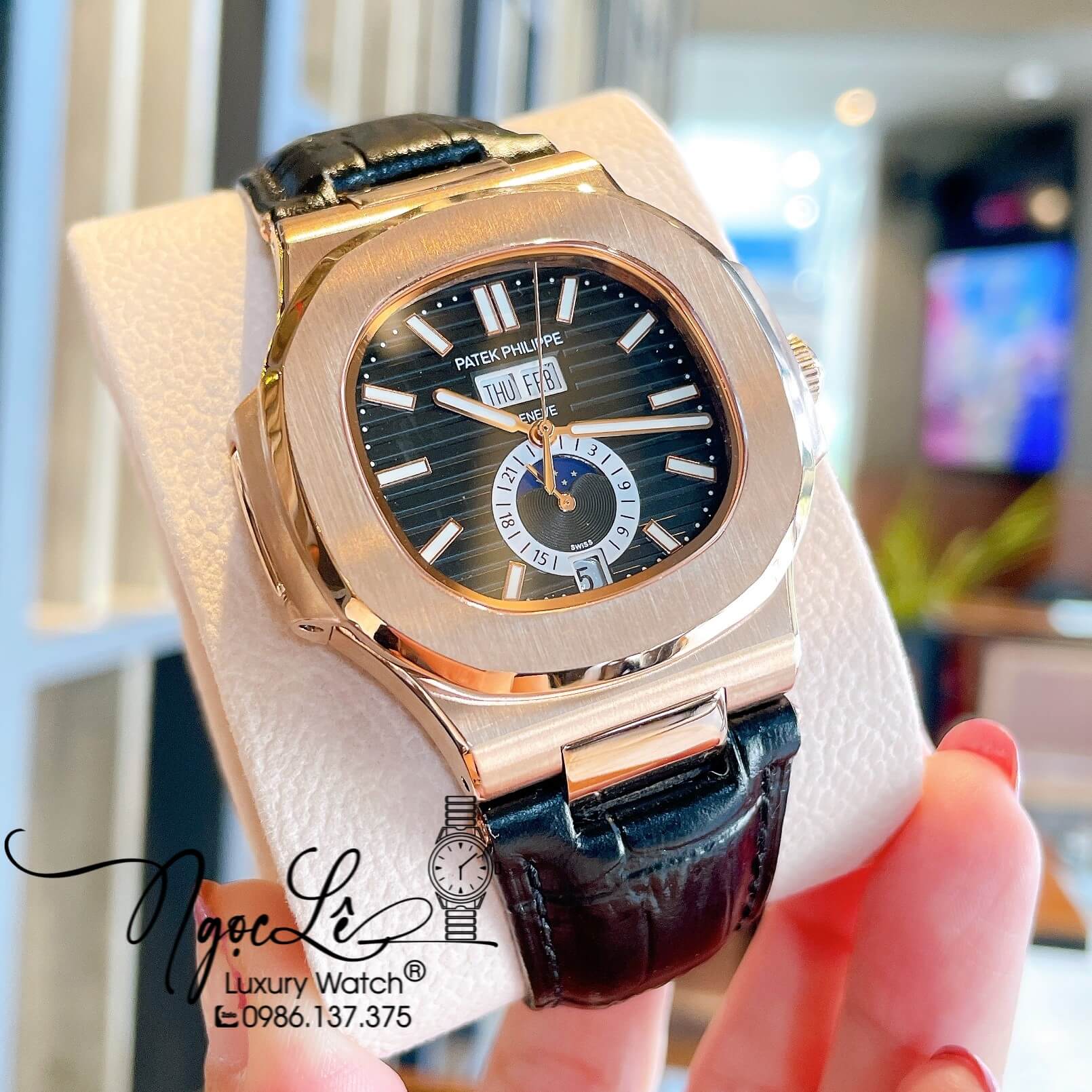 Đồng Hồ Nam Patek Philippe Nautilus Tự Động Dây Da Đen Mặt Đen Size 40mm