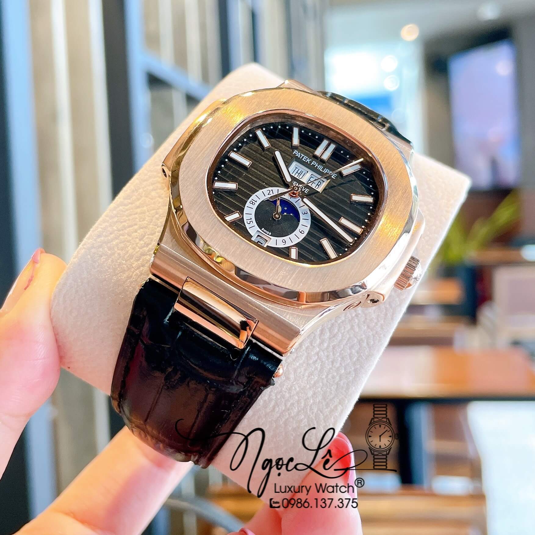 Đồng Hồ Nam Patek Philippe Nautilus Tự Động Dây Da Đen Mặt Đen Size 40mm