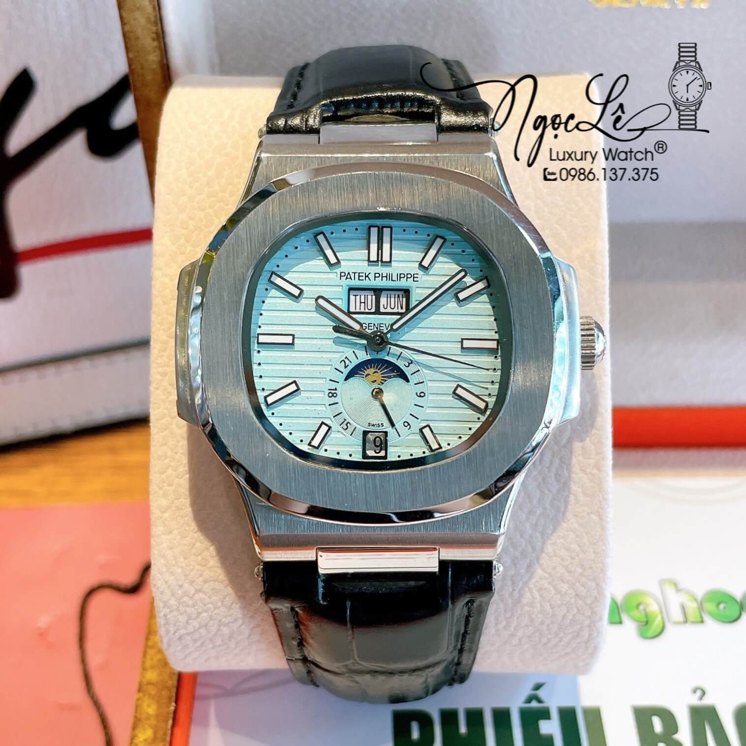 Đồng Hồ Nam Patek Philippe Nautilus Tự Động Dây Da Đen Mặt Xanh Pastel Vỏ Silver Size 40mm