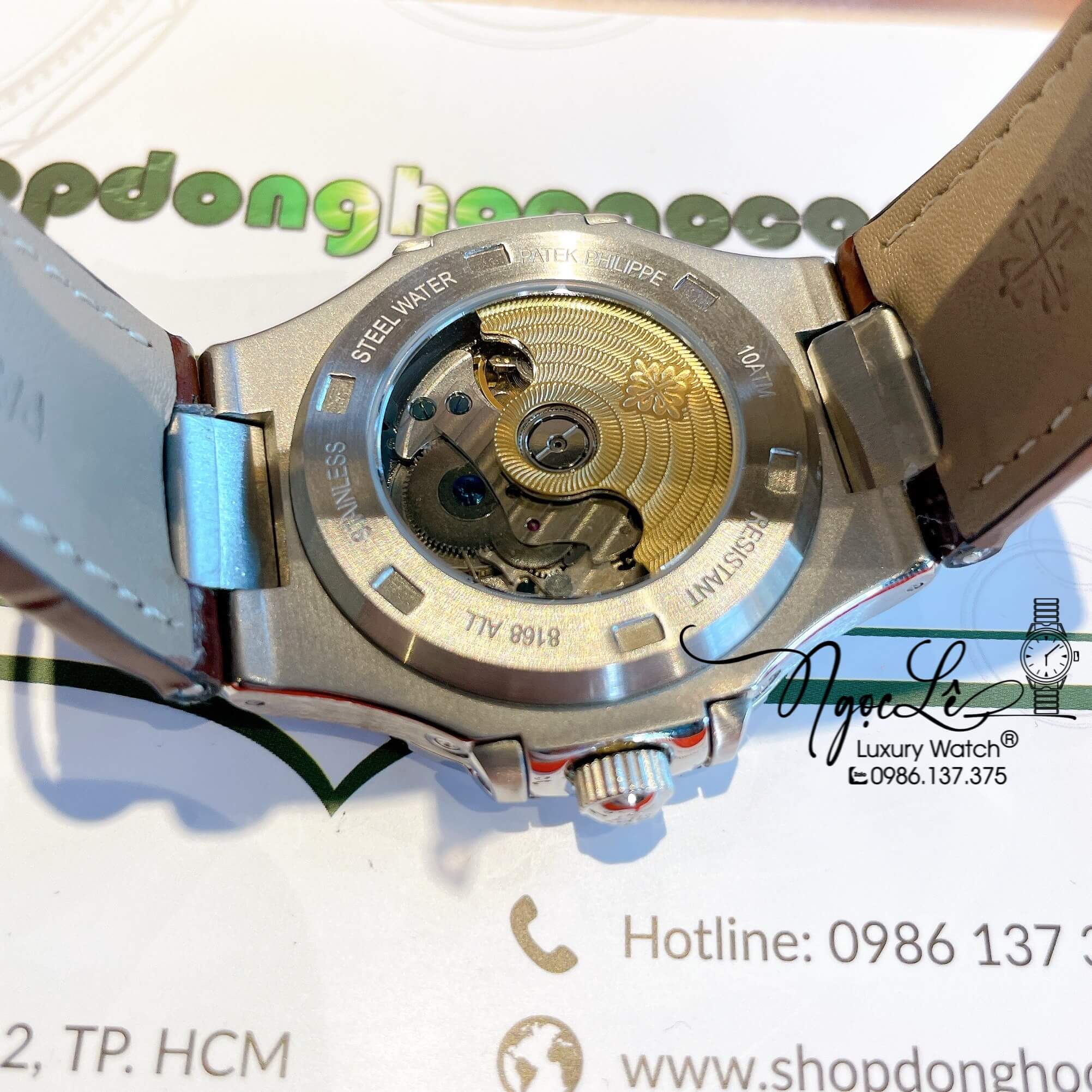Đồng Hồ Nam Patek Philippe Nautilus Tự Động Dây Da Nâu Mặt Ombre Nâu Đính Đá Size 40mm
