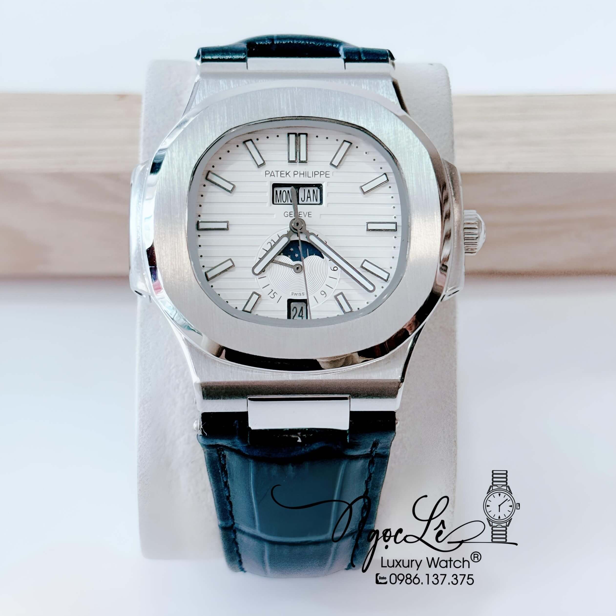 Đồng Hồ Nam Patek Philippe Nautilus Tự Động Dây Da Xanh Dương Vỏ Silver Size 40mm