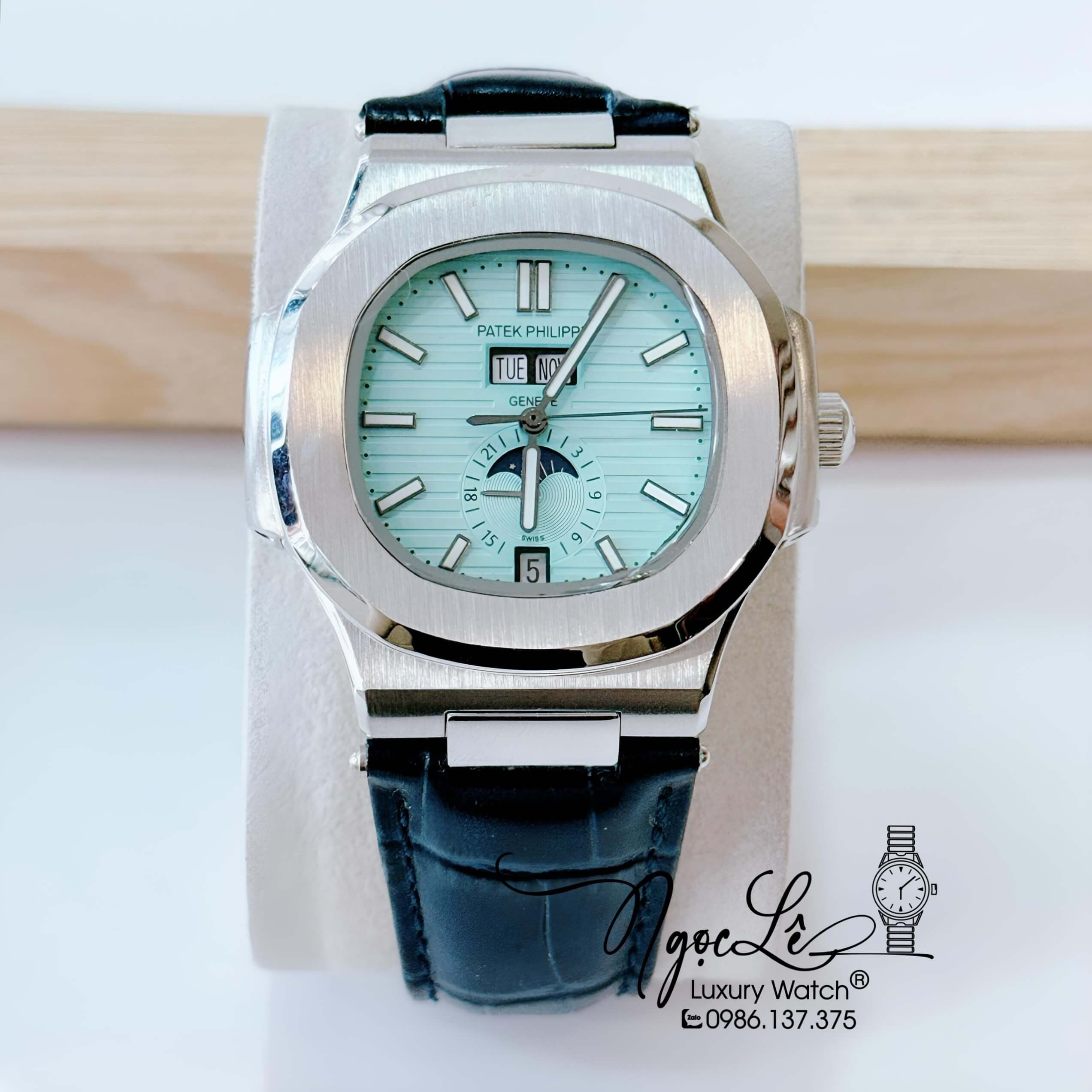 Đồng Hồ Nam Patek Philippe Nautilus Tự Động Dây Da Xanh Dương Vỏ Silver Size 40mm