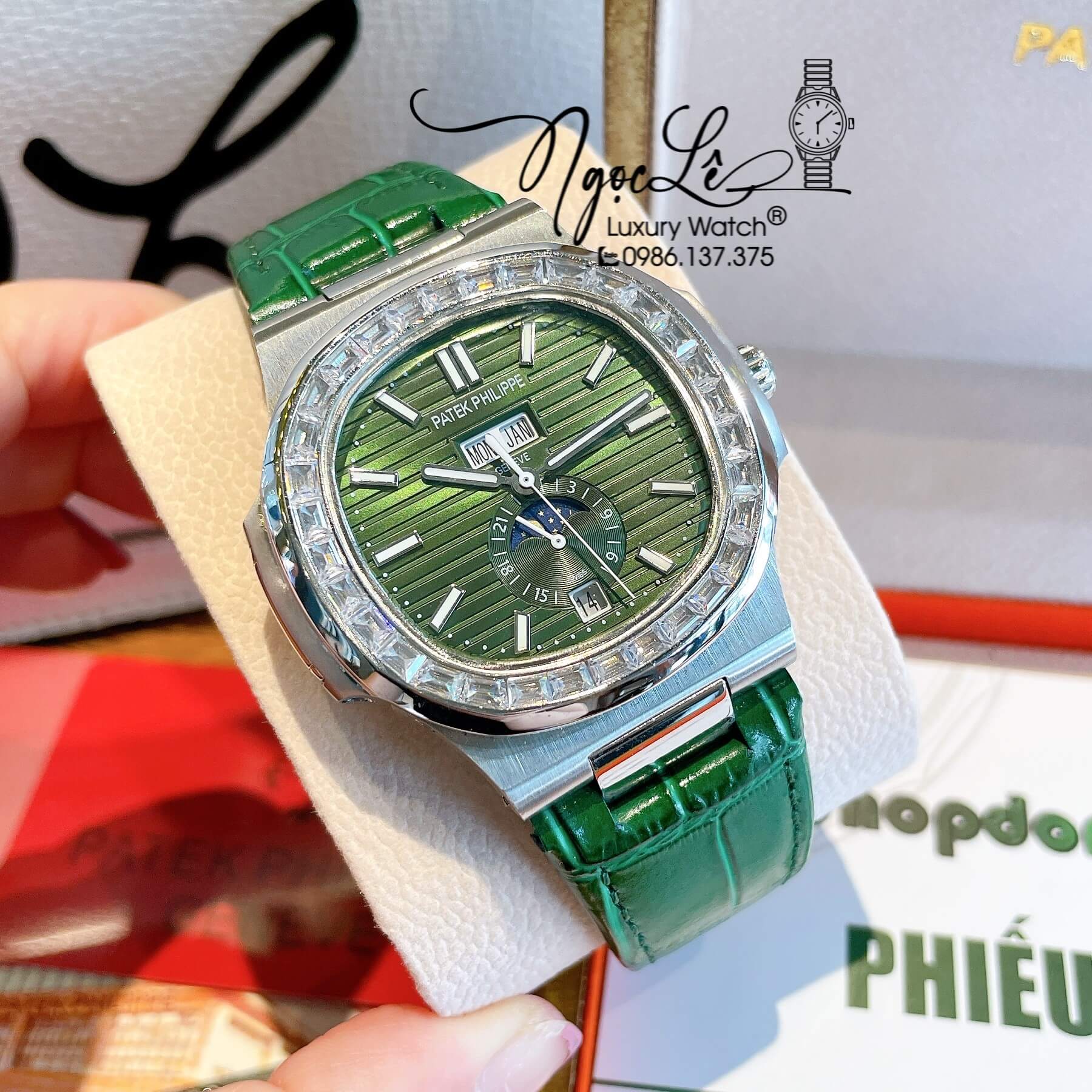 Đồng Hồ Nam Patek Philippe Nautilus Tự Động Dây Da Xanh Lá Mặt Xanh Đính Đá Size 40mm