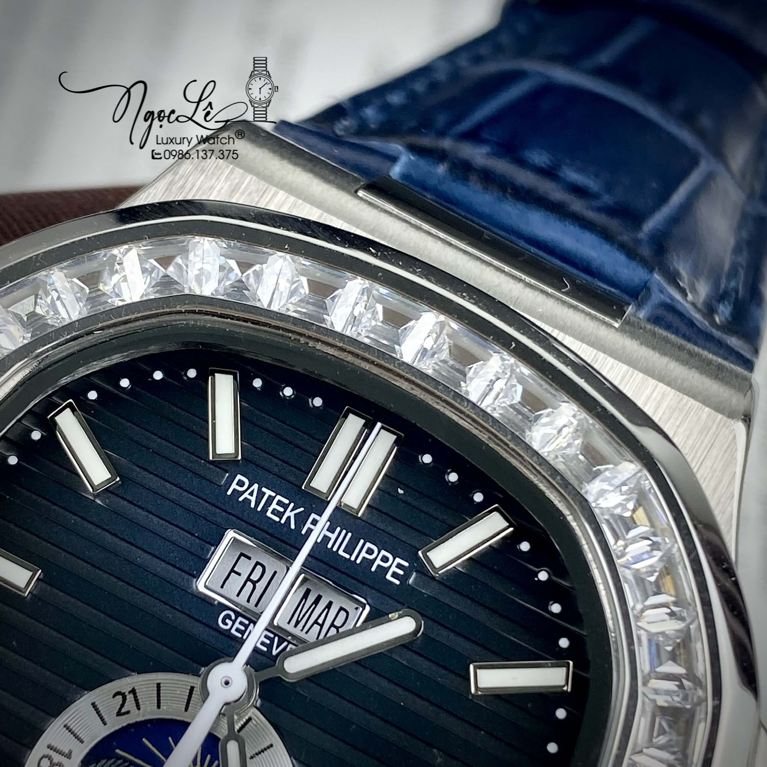 Đồng Hồ Nam Patek Philippe Nautilus Tự Động Dây Da Xanh Mặt Xanh Đính Đá Silver Size 40mm
