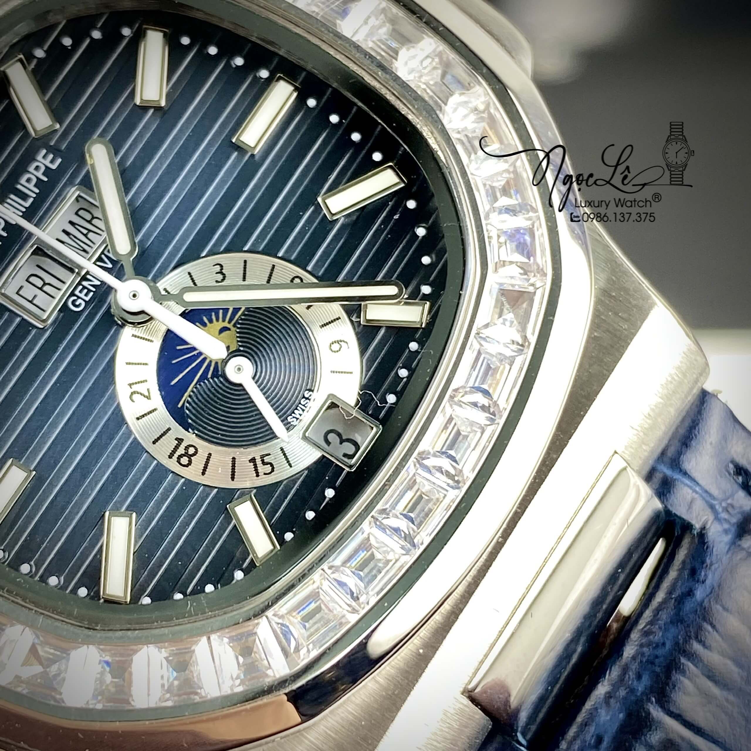 Đồng Hồ Nam Patek Philippe Nautilus Tự Động Dây Da Xanh Mặt Xanh Đính Đá Silver Size 40mm