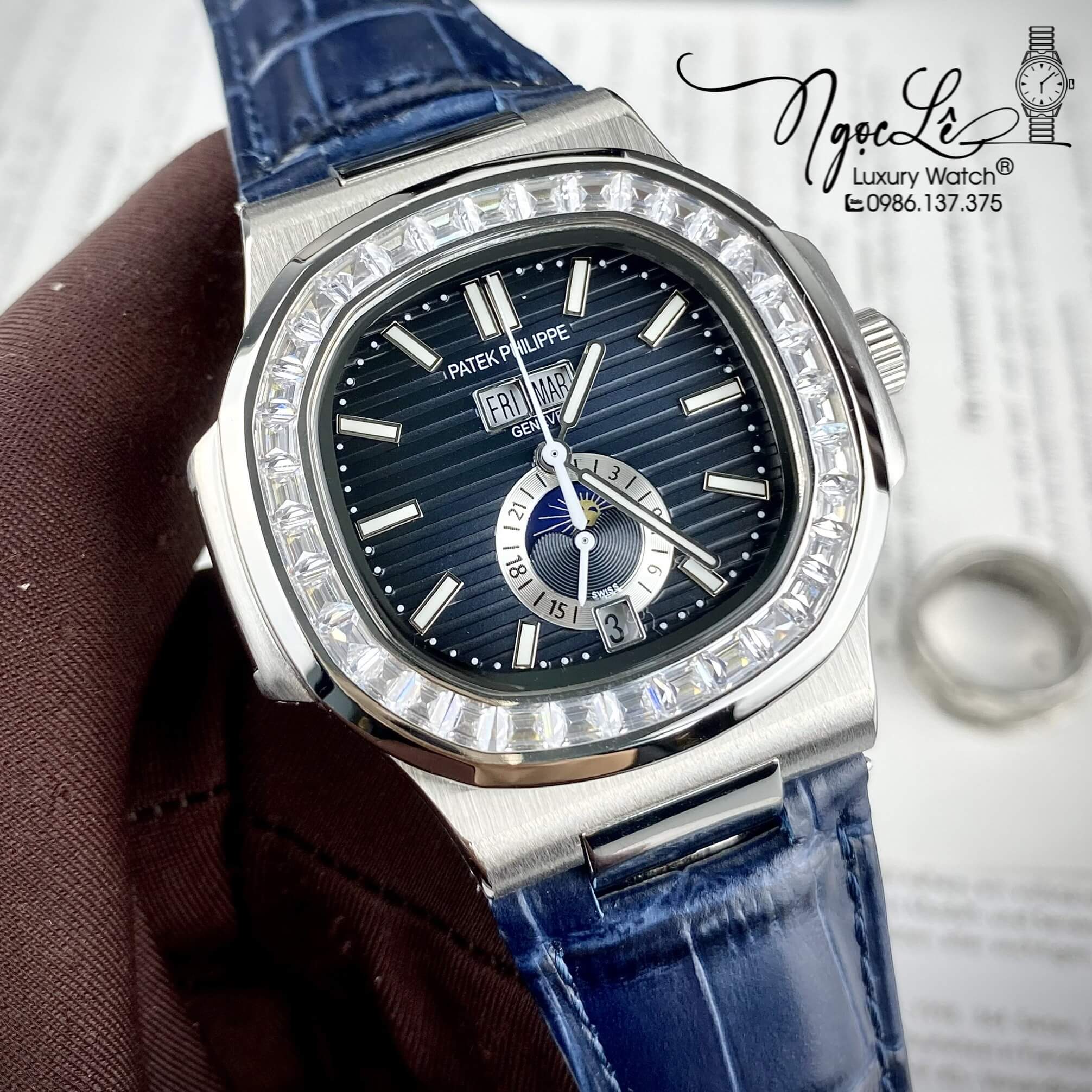 Đồng Hồ Nam Patek Philippe Nautilus Tự Động Dây Da Xanh Mặt Xanh Đính Đá Silver Size 40mm