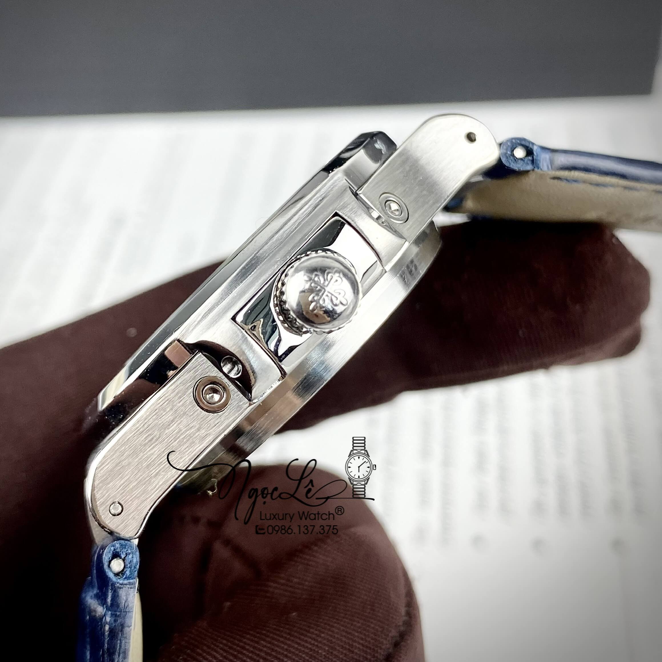 Đồng Hồ Nam Patek Philippe Nautilus Tự Động Dây Da Xanh Mặt Xanh Đính Đá Silver Size 40mm