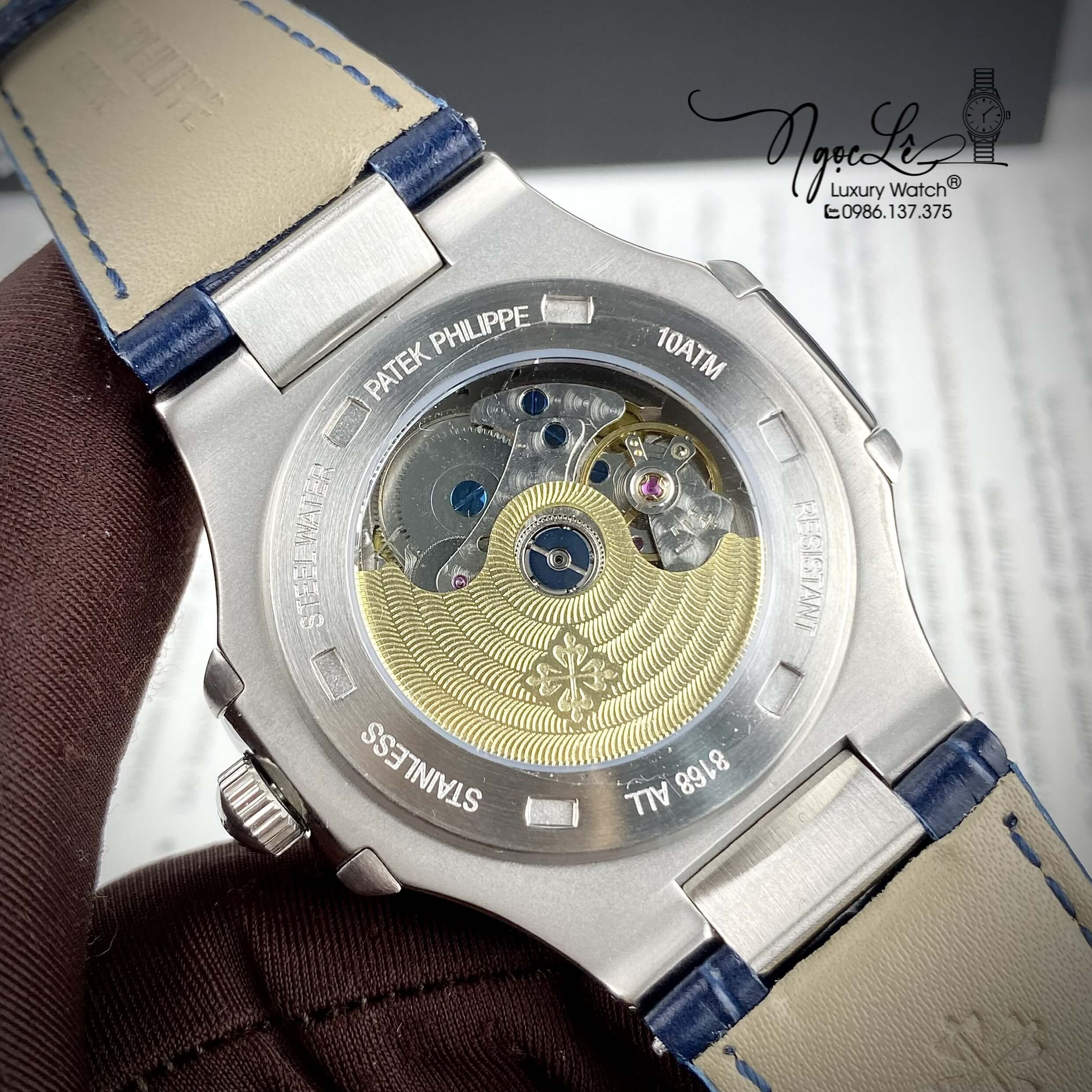 Đồng Hồ Nam Patek Philippe Nautilus Tự Động Dây Da Xanh Mặt Xanh Đính Đá Silver Size 40mm