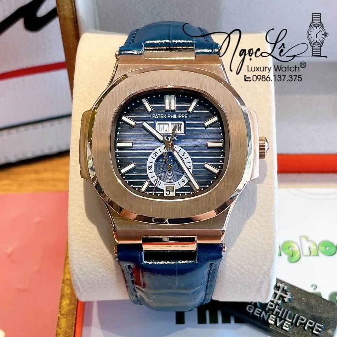 Đồng Hồ Nam Patek Philippe Nautilus Tự Động Dây Da Xanh Mặt Xanh Vỏ Rose Size 40mm