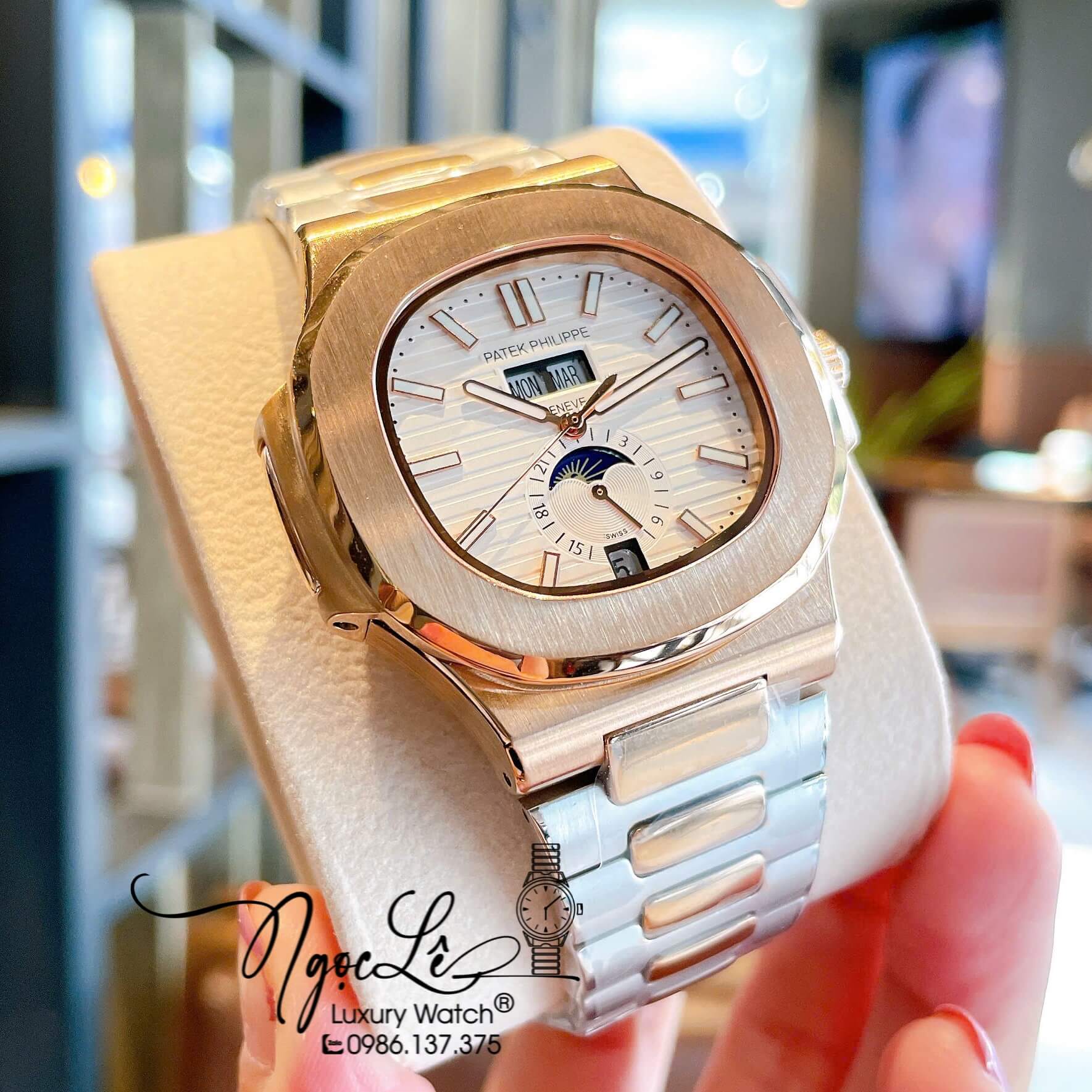 Đồng Hồ Nam Patek Philippe Nautilus Tự Động Dây Kim Loại Demi Rose Mặt Trắng Size 40mm