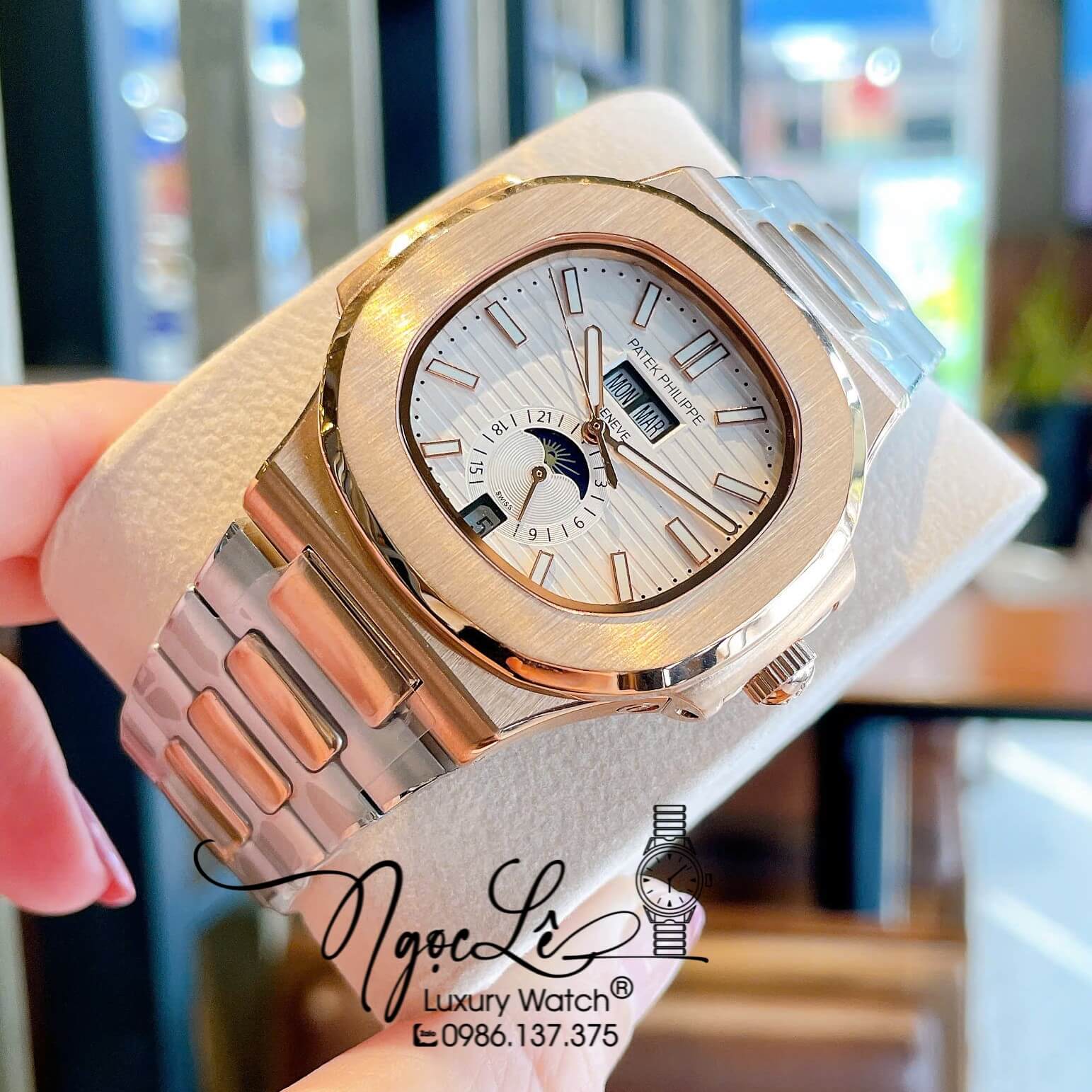 Đồng Hồ Nam Patek Philippe Nautilus Tự Động Dây Kim Loại Demi Rose Mặt Trắng Size 40mm