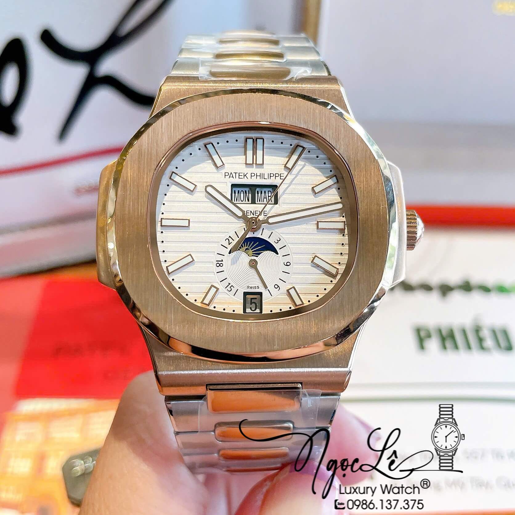 Đồng Hồ Nam Patek Philippe Nautilus Tự Động Dây Kim Loại Demi Rose Mặt Trắng Size 40mm