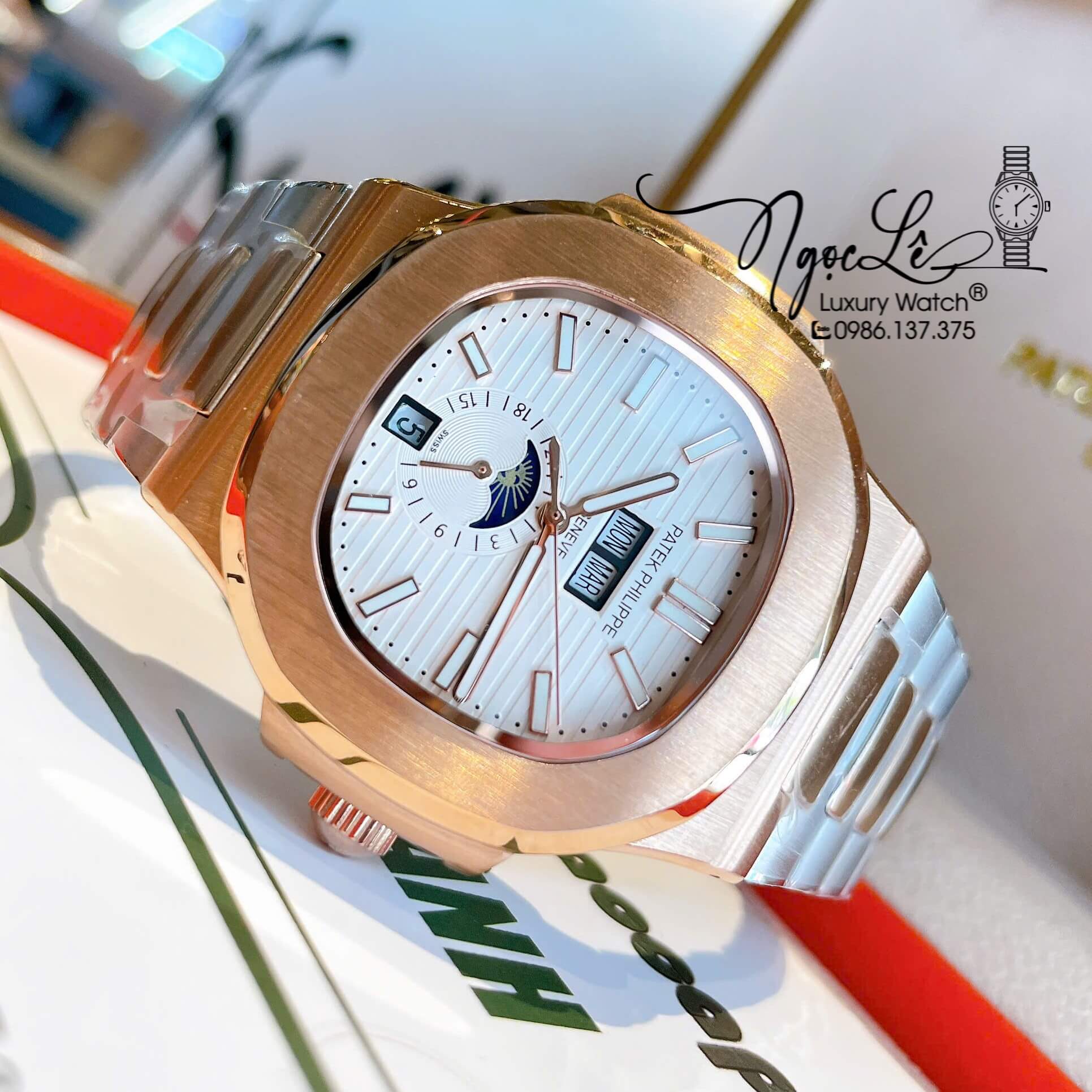 Đồng Hồ Nam Patek Philippe Nautilus Tự Động Dây Kim Loại Demi Rose Mặt Trắng Size 40mm