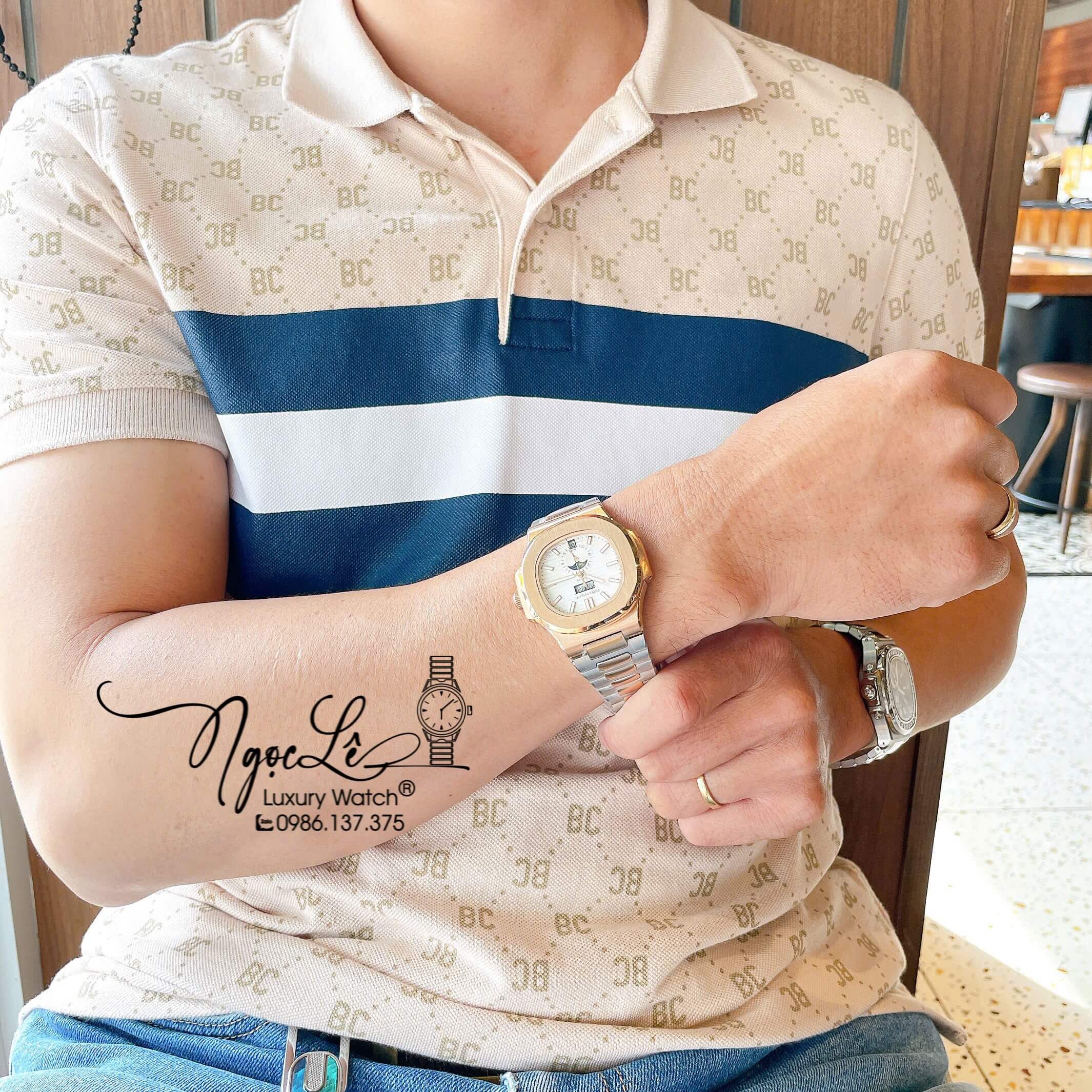 Đồng Hồ Nam Patek Philippe Nautilus Tự Động Dây Kim Loại Demi Rose Mặt Trắng Size 40mm