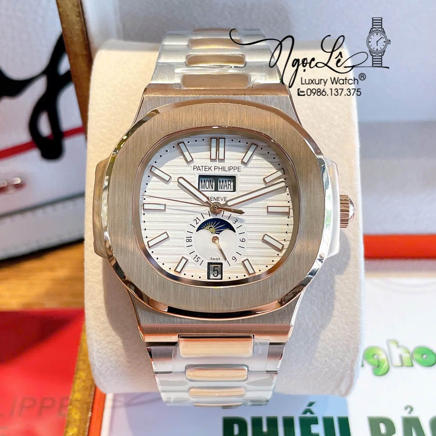 Đồng Hồ Nam Patek Philippe Nautilus Tự Động Dây Kim Loại Demi Rose Mặt Trắng Size 40mm