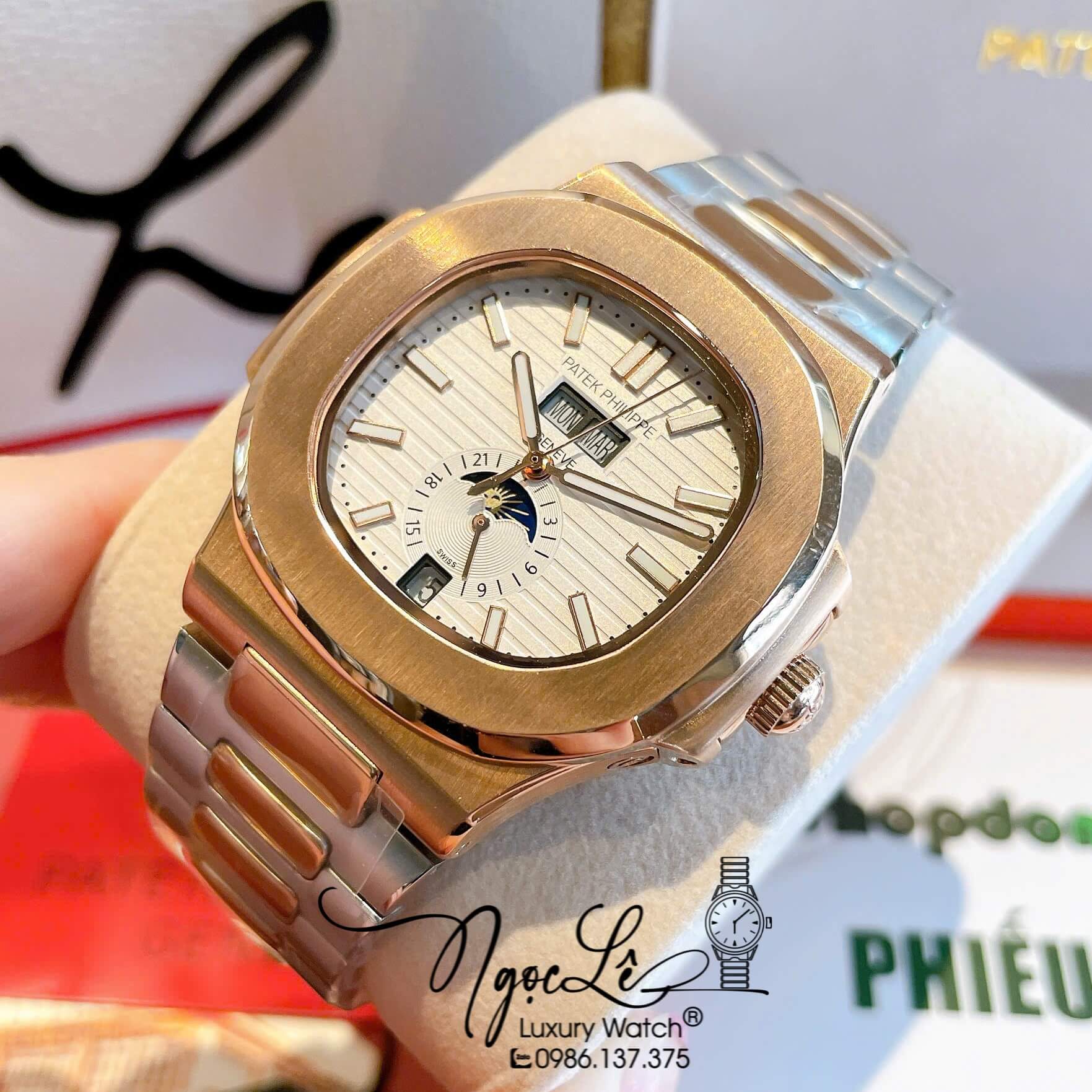 Đồng Hồ Nam Patek Philippe Nautilus Tự Động Dây Kim Loại Demi Rose Mặt Trắng Size 40mm