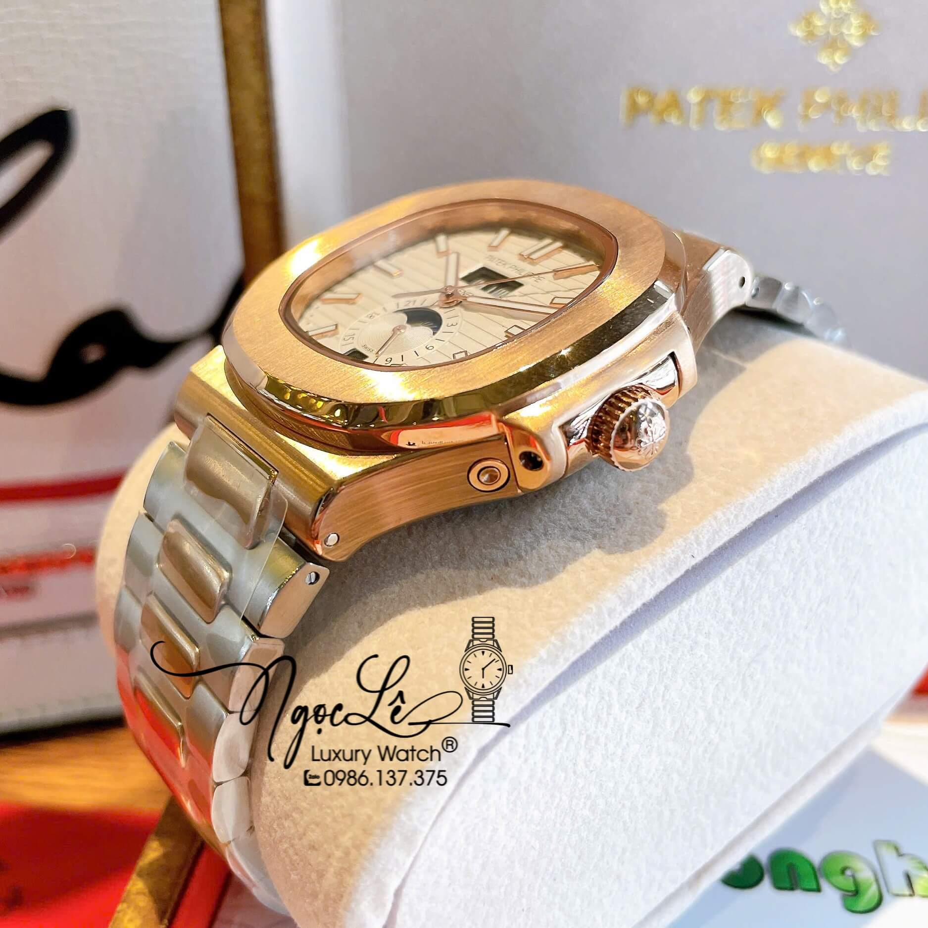 Đồng Hồ Nam Patek Philippe Nautilus Tự Động Dây Kim Loại Demi Rose Mặt Trắng Size 40mm