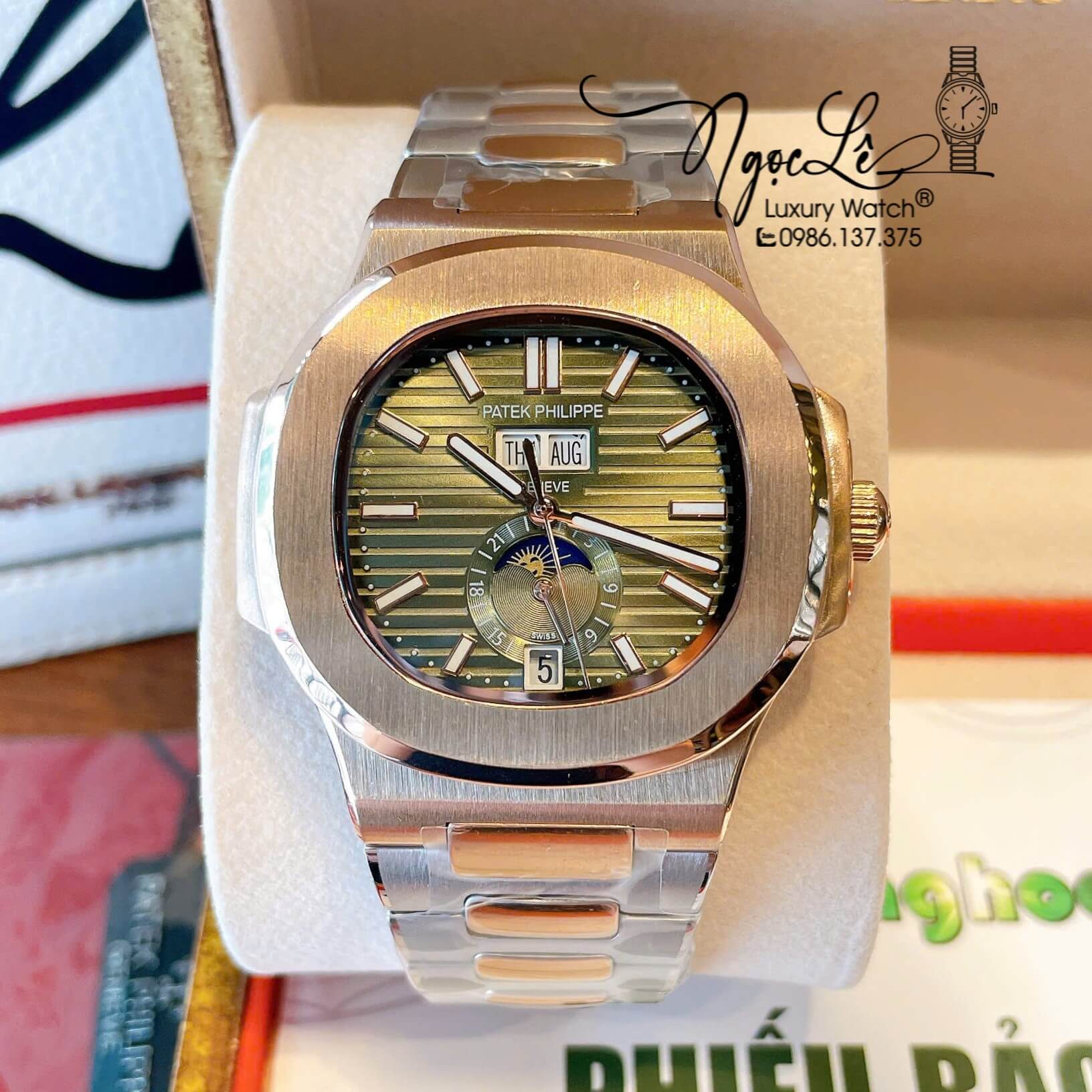 Đồng Hồ Nam Patek Philippe Nautilus Tự Động Dây Kim Loại Demi Rose Mặt Xanh Rêu Lạnh Size 40mm