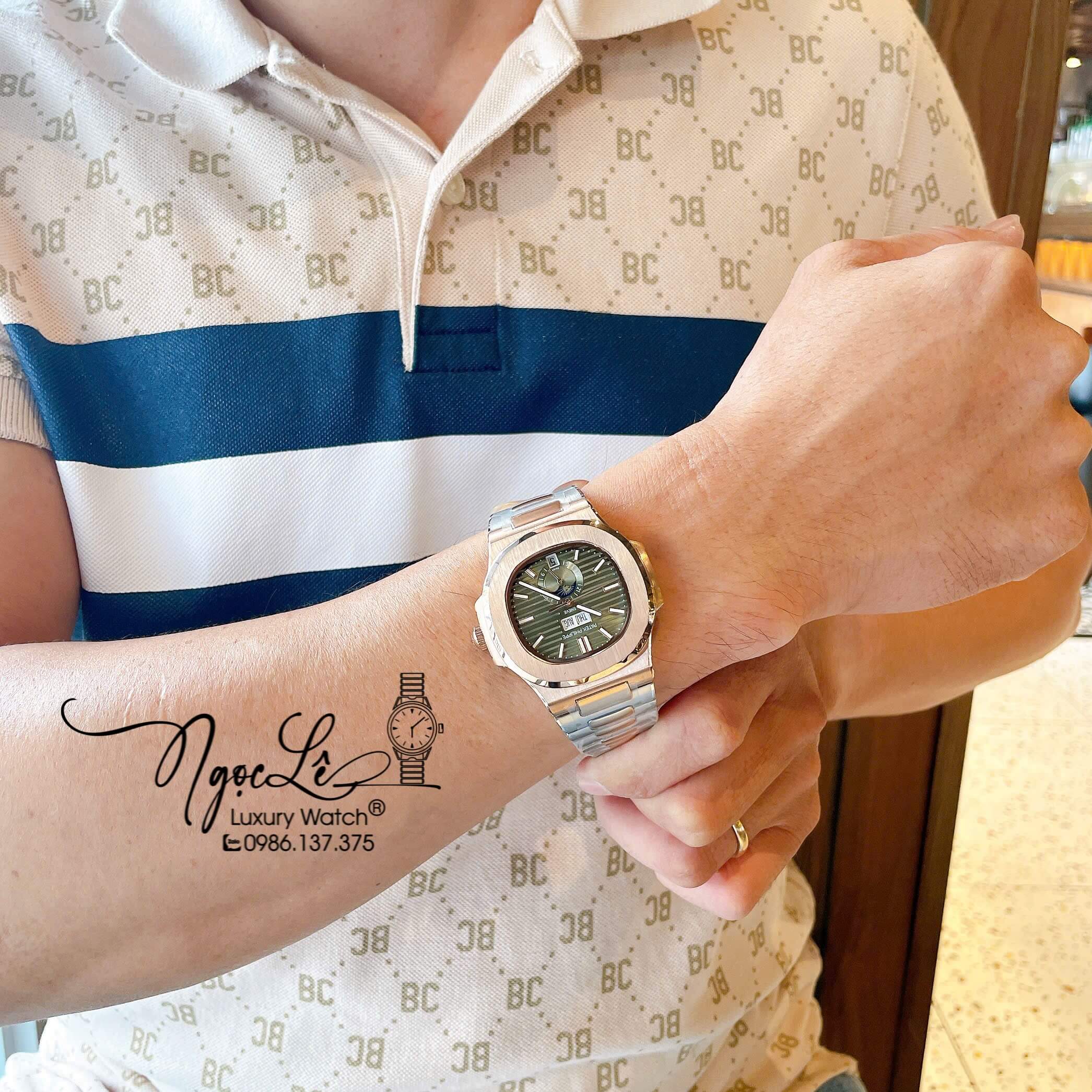 Đồng Hồ Nam Patek Philippe Nautilus Tự Động Dây Kim Loại Demi Rose Mặt Xanh Rêu Lạnh Size 40mm