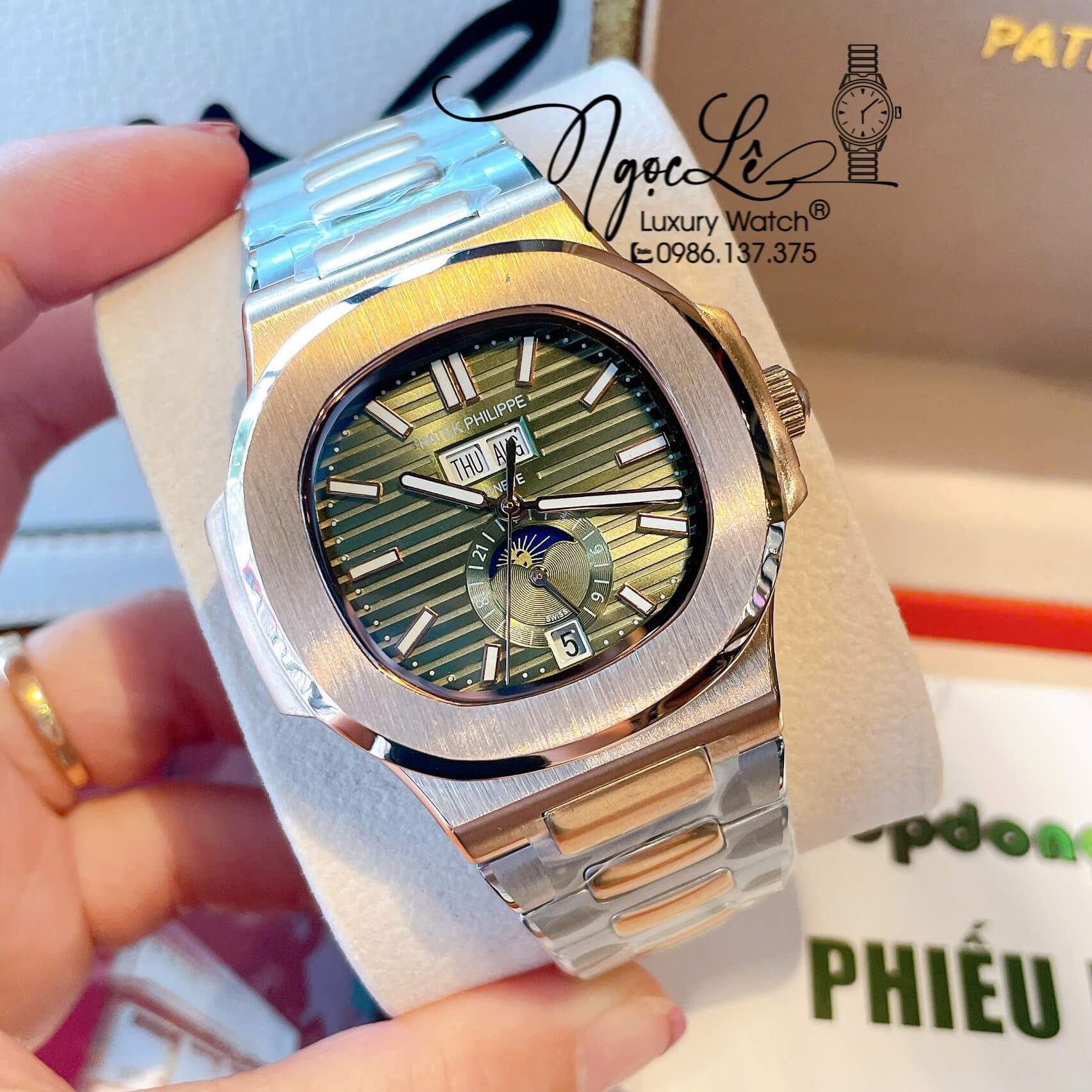 Đồng Hồ Nam Patek Philippe Nautilus Tự Động Dây Kim Loại Demi Rose Mặt Xanh Rêu Lạnh Size 40mm